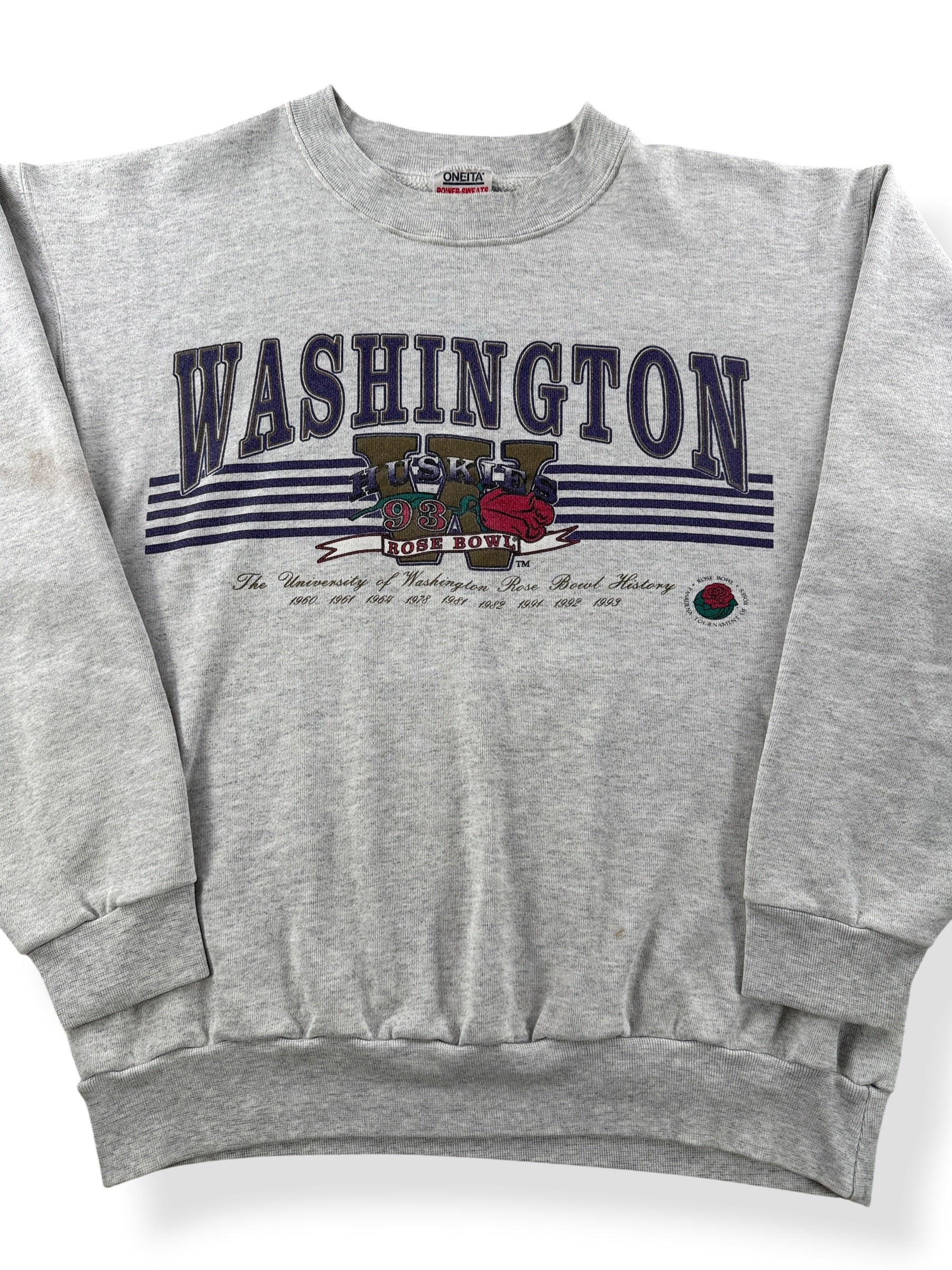 Front Close Up of Vintage 1993 Huskies Rose Bowl Crewneck SZ XL (Fits L)