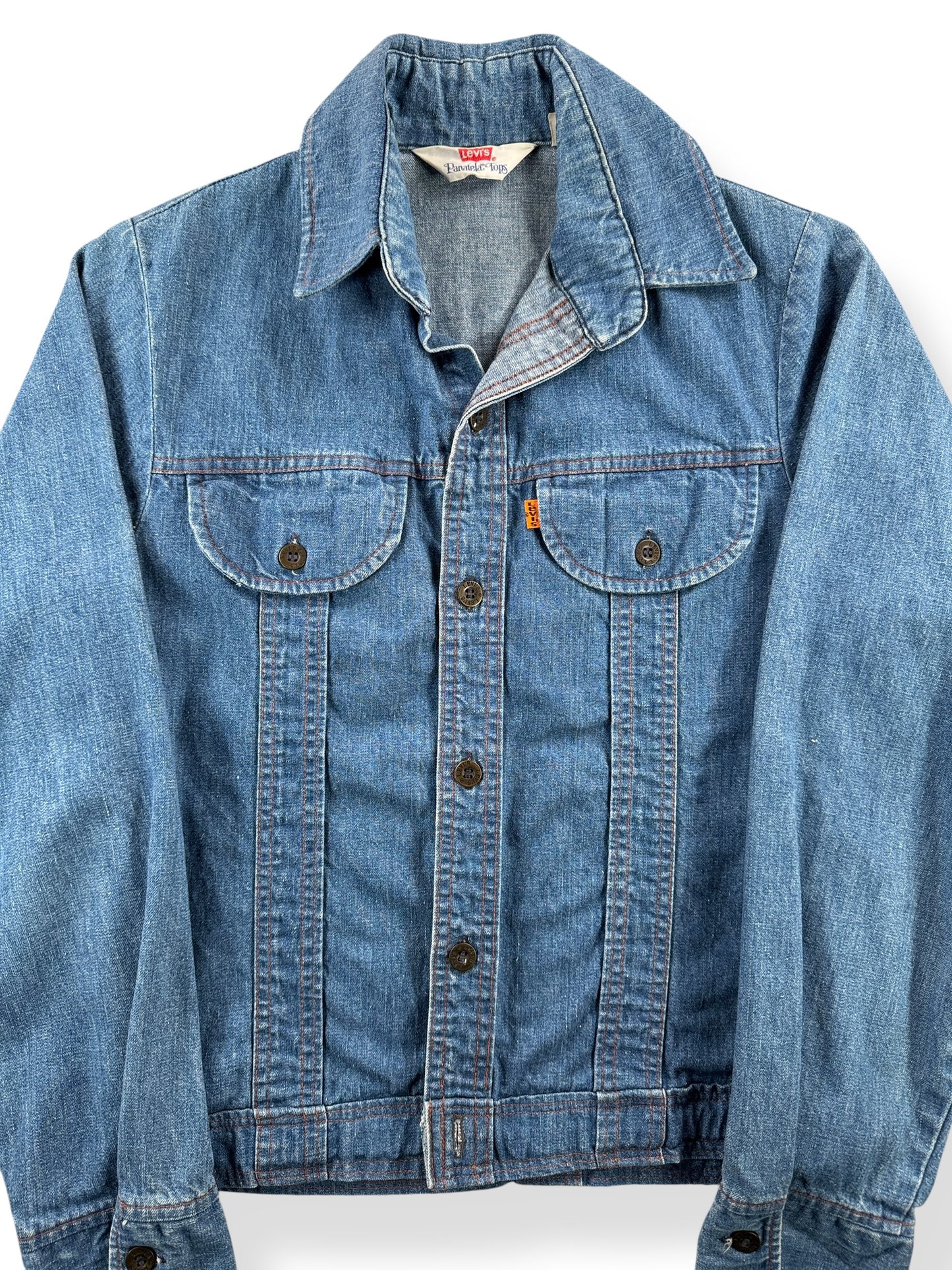 Front Close Up of Vintage Levis Orange Tab Denim Shirt SZ S