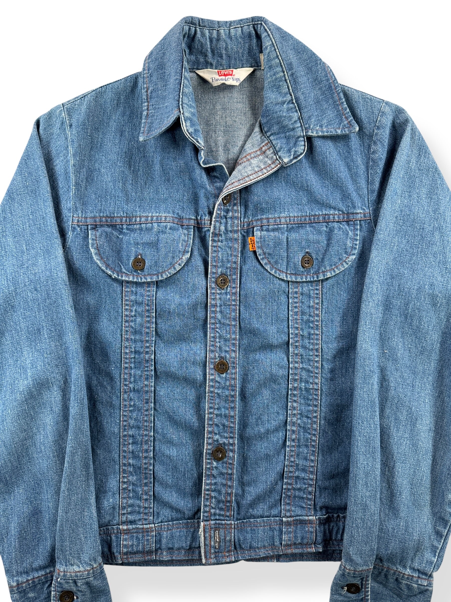 Front Close Up of Vintage Levis Orange Tab Denim Shirt SZ S