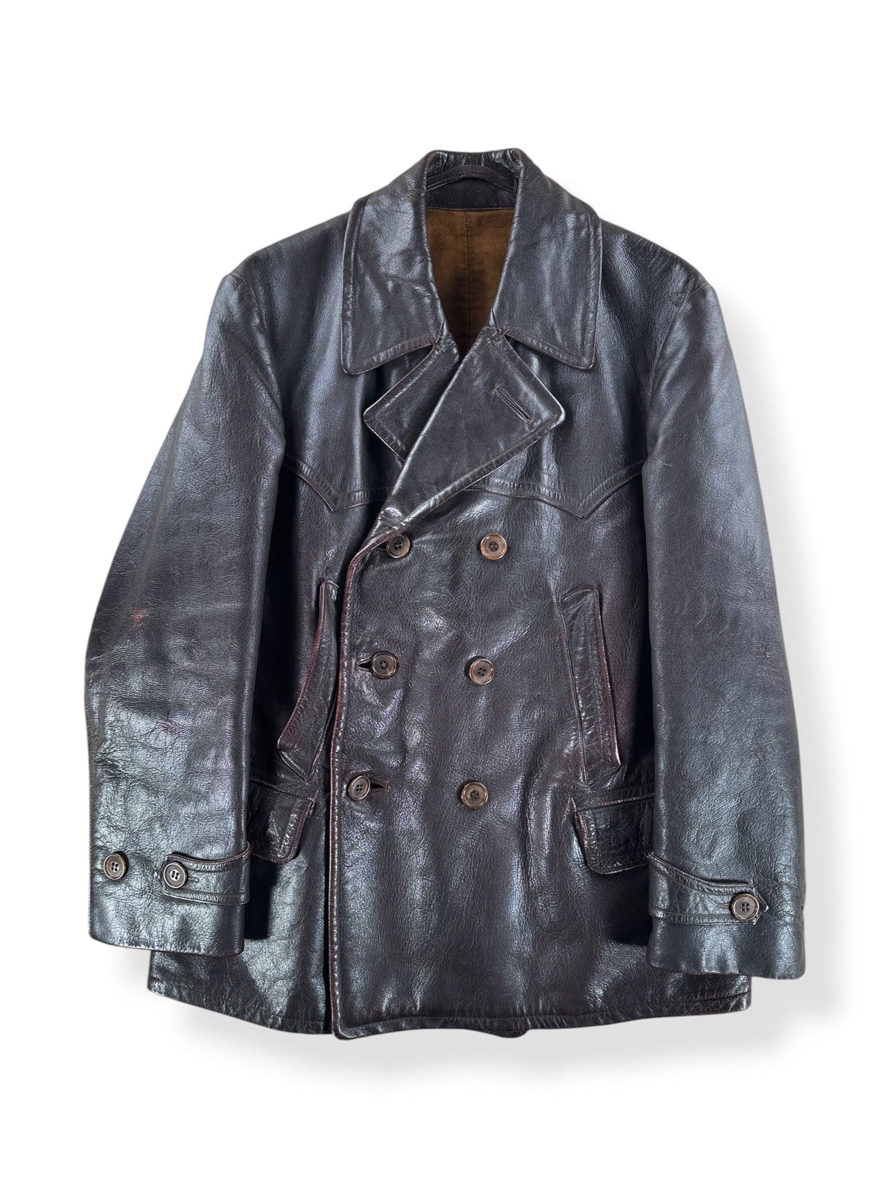 Front of Vintage 60s German Leather Trench Coat SZ M