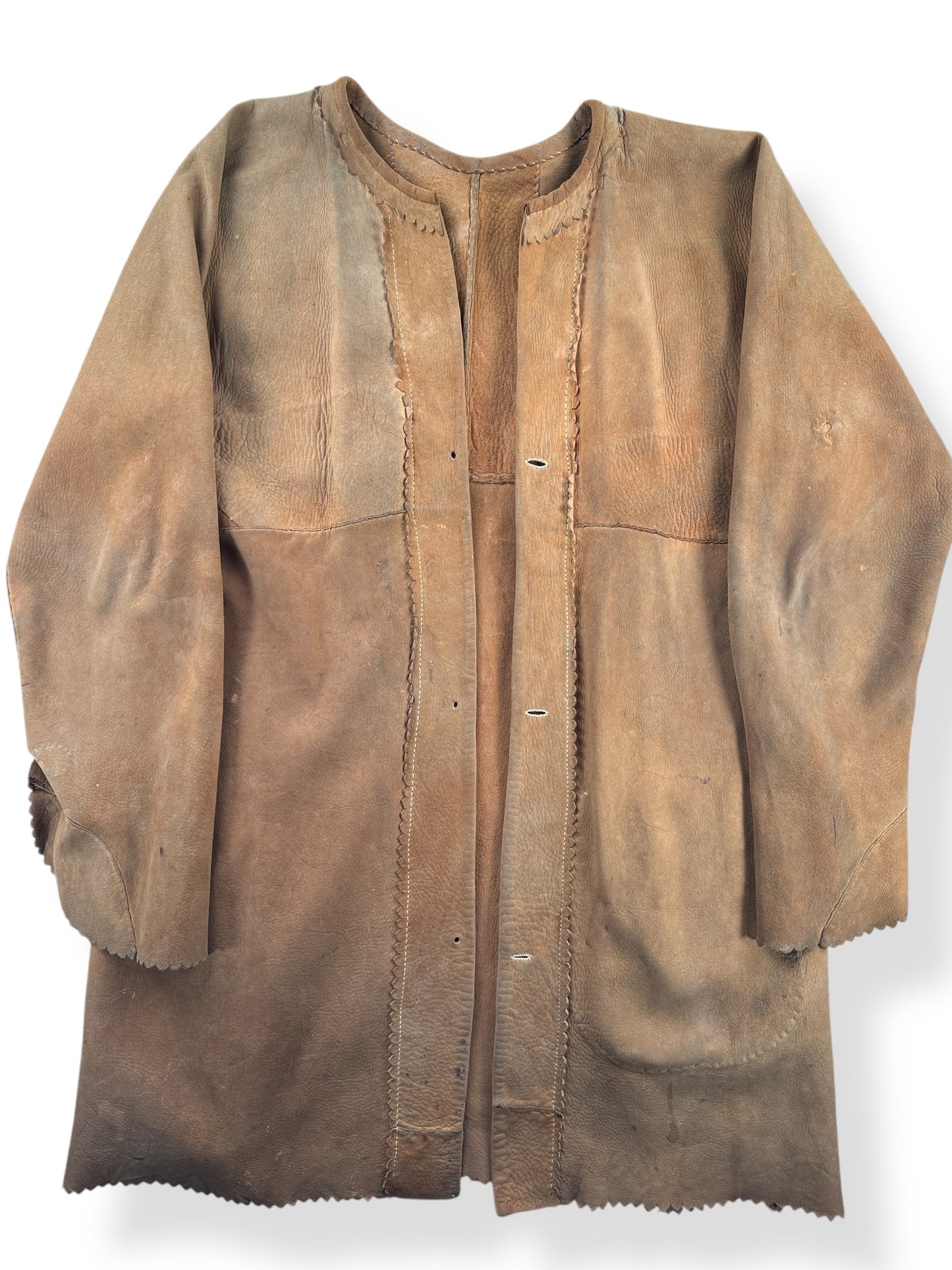 Front Close Up of Vintage Handmade Suede Coat SZ M - AS IS
