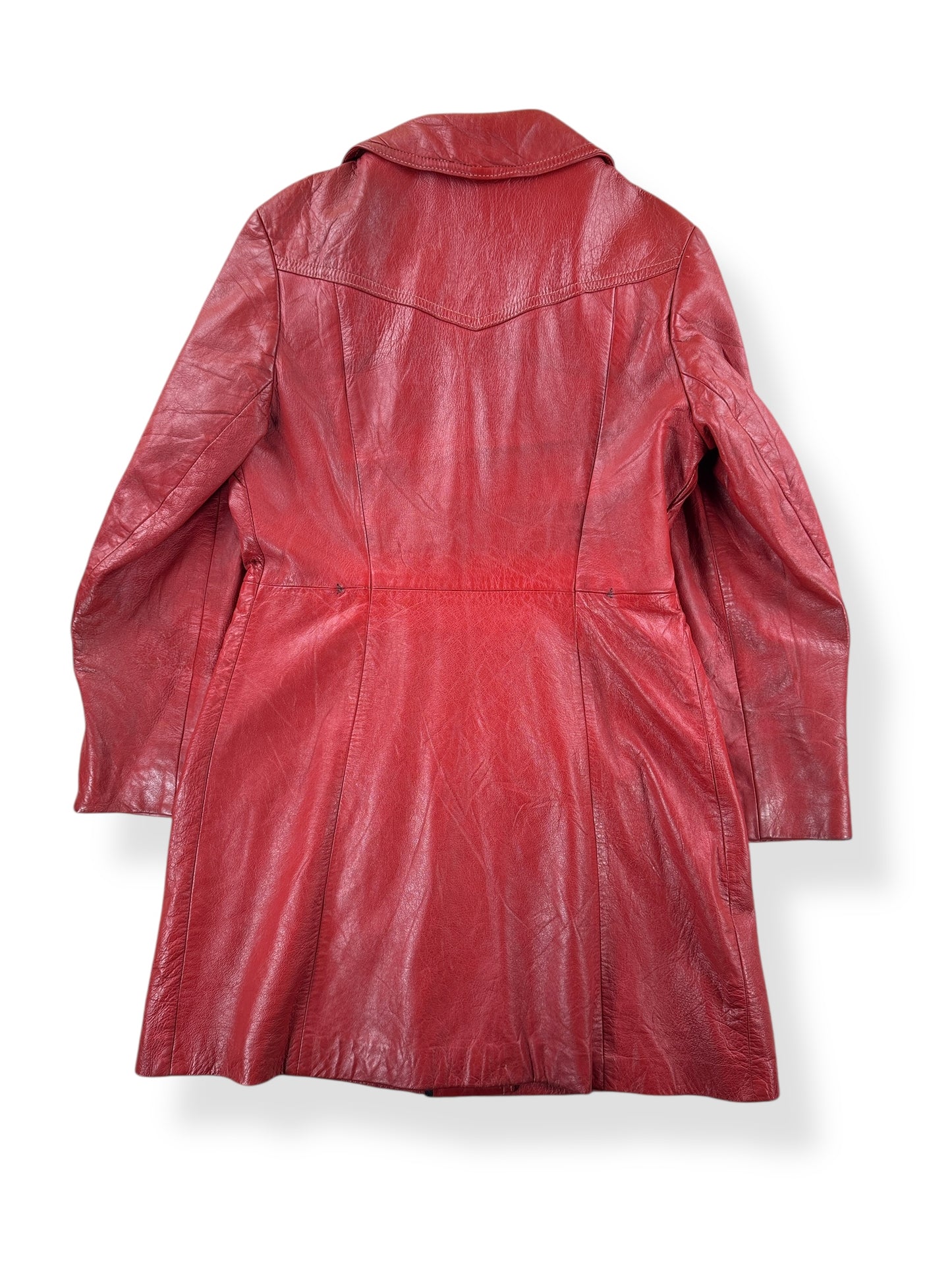 Back of Vintage Womens 60s Trojan Red Leather Coat SZ M AS IS