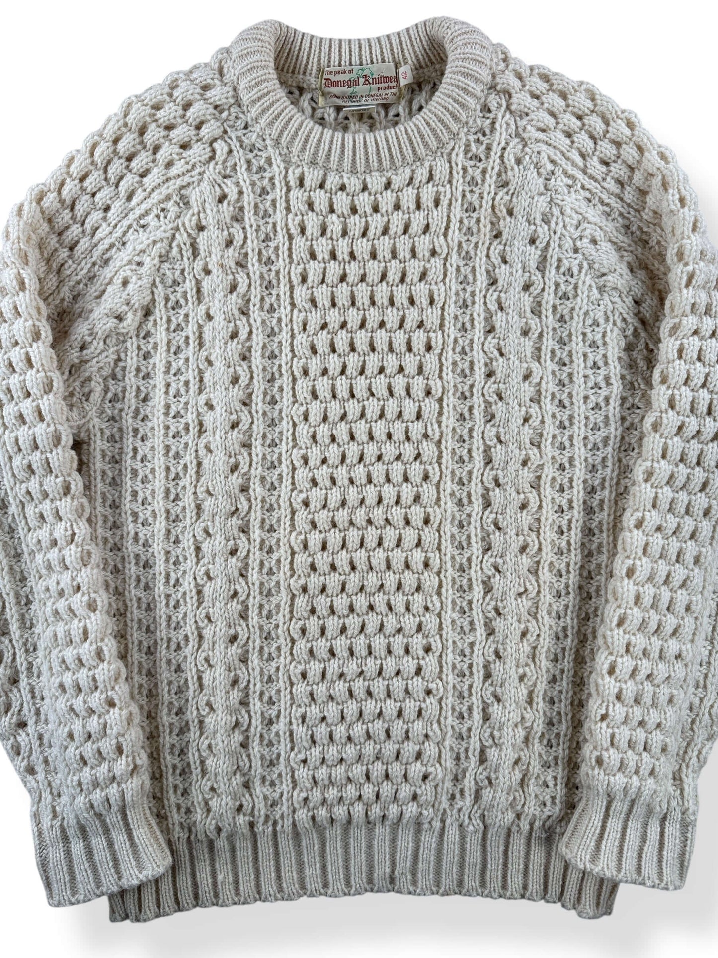 Front Close Up of Vintage Donegal Knitwear Irish Wool Sweater SZ 42