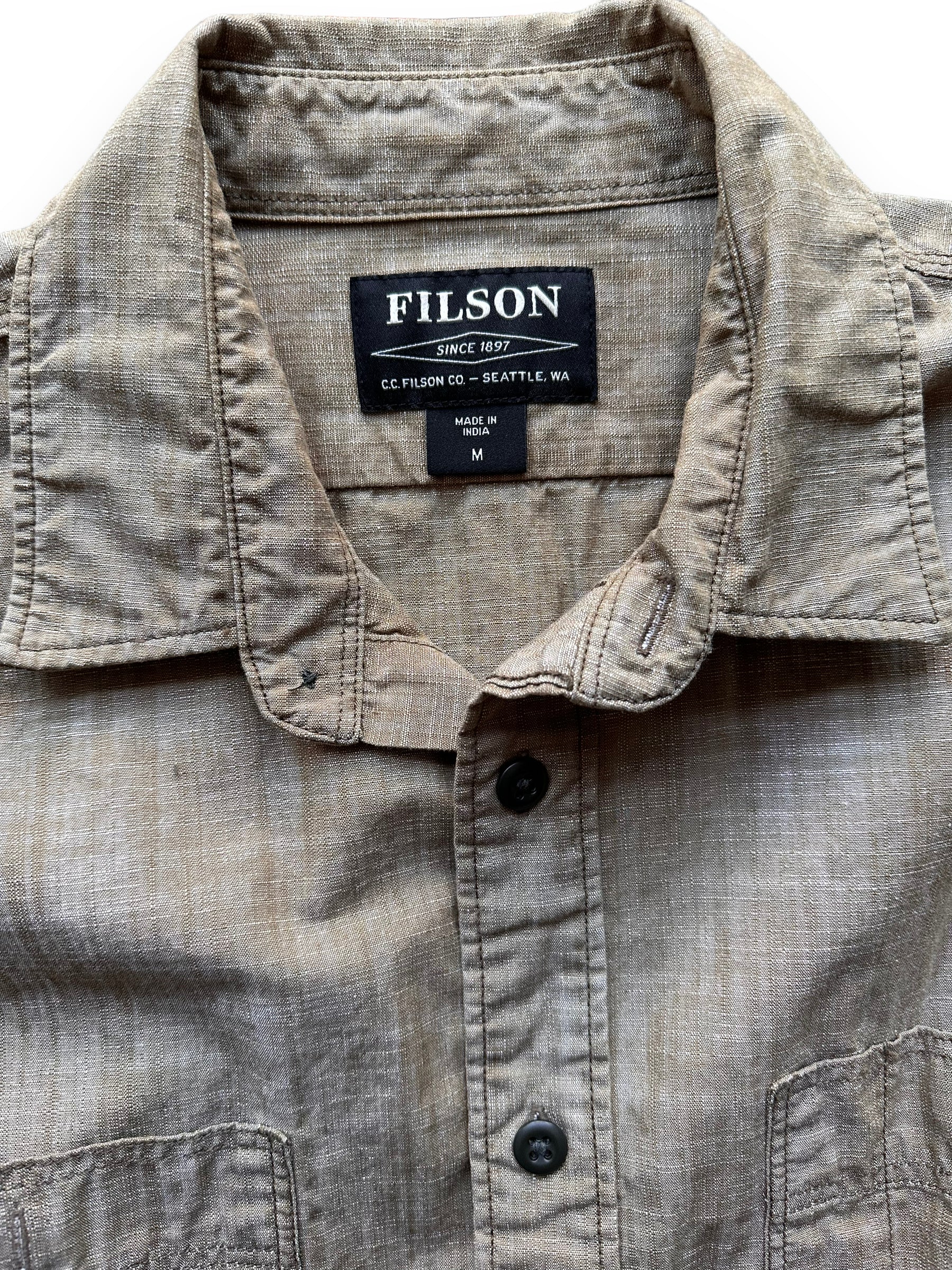 Collar/Tag View of Filson Brown Chambray CPO Shirt SZ M |  Barn Owl Vintage Goods | Filson Bargain Outlet Seattle