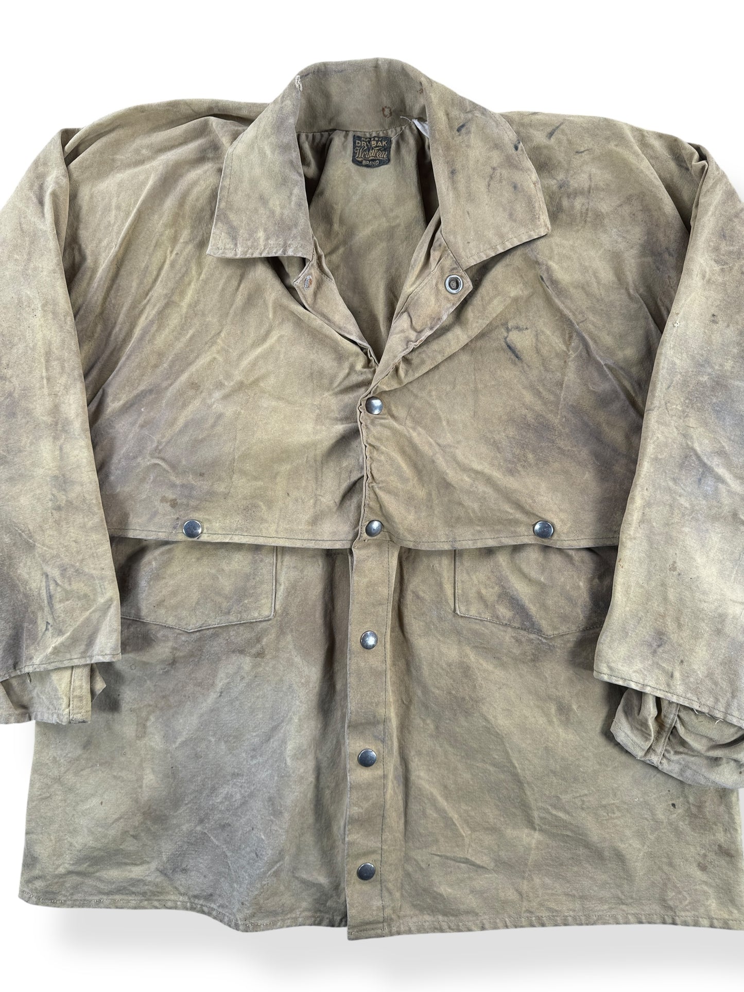 Front Close Up of Vintage Drybak Tin Cloth Jacket SZ M