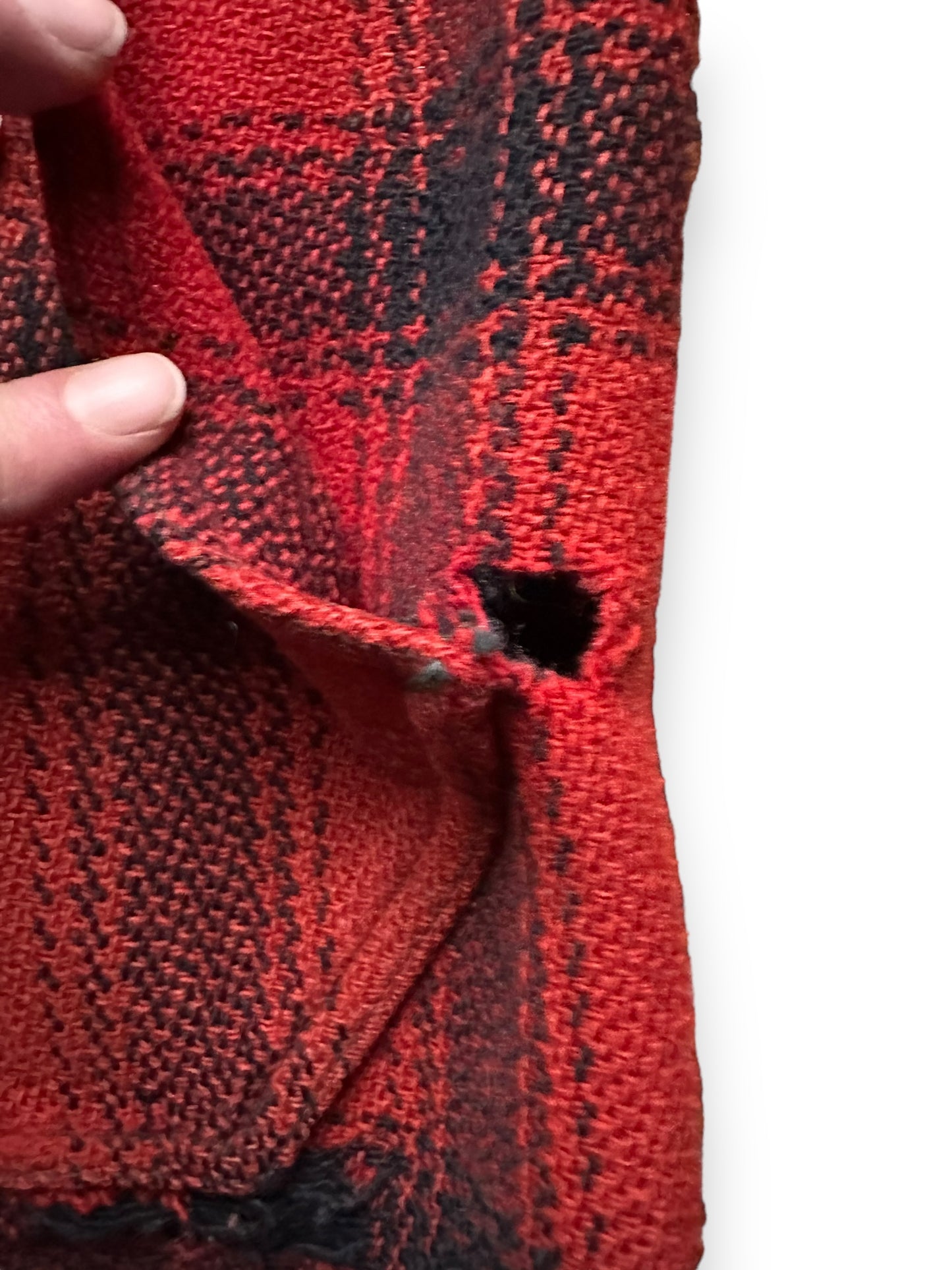 Lower Left Pocket in Need of Backing on Vintage 75% Red Filson Hunter Wool Jacket SZ 44 | Vintage Filson Workwear Seattle | Vintage Workwear Seattle