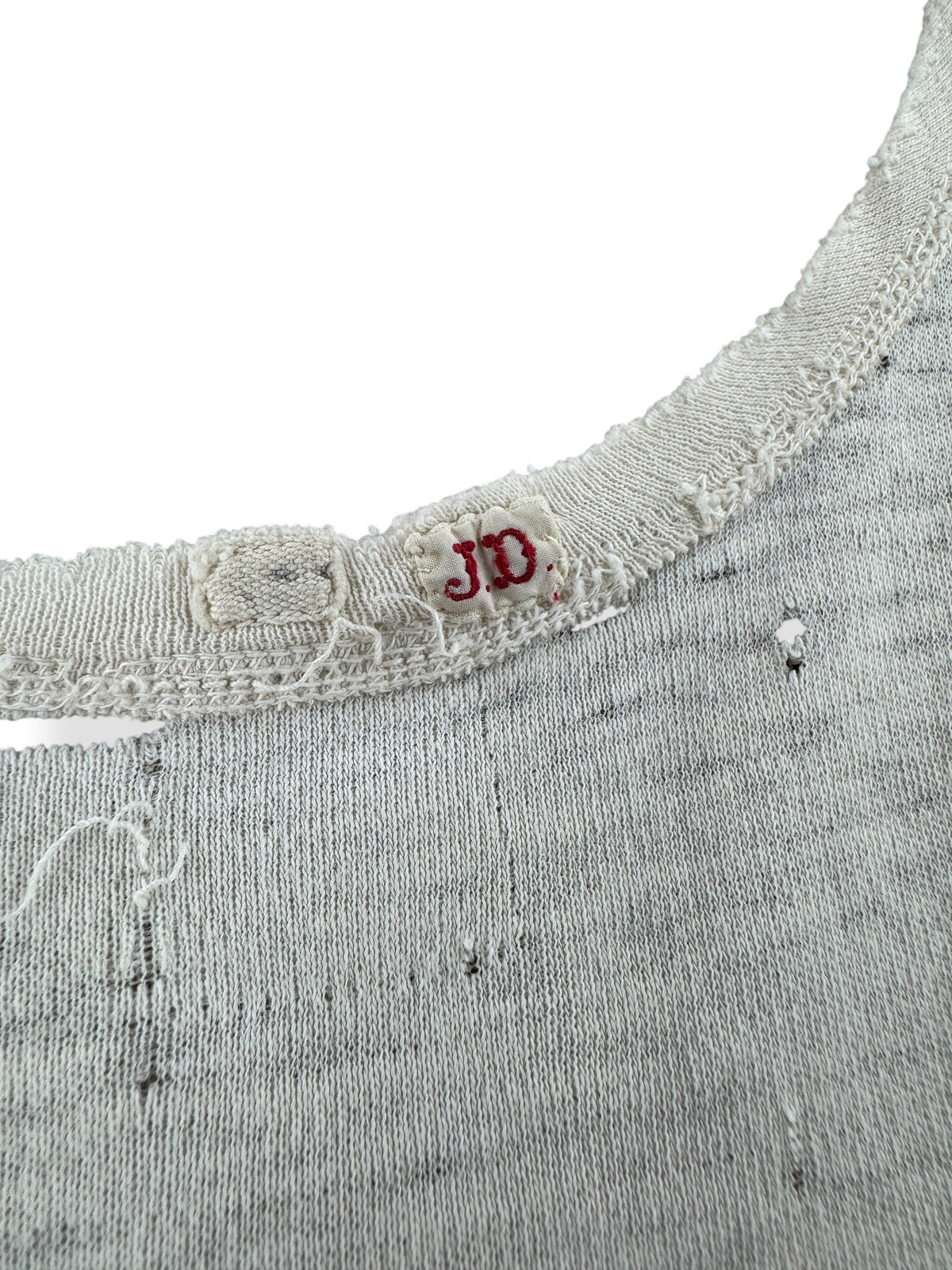 JD initials stitched on inside of Vintage 40s Distressed Rowing Tank Top SZ M