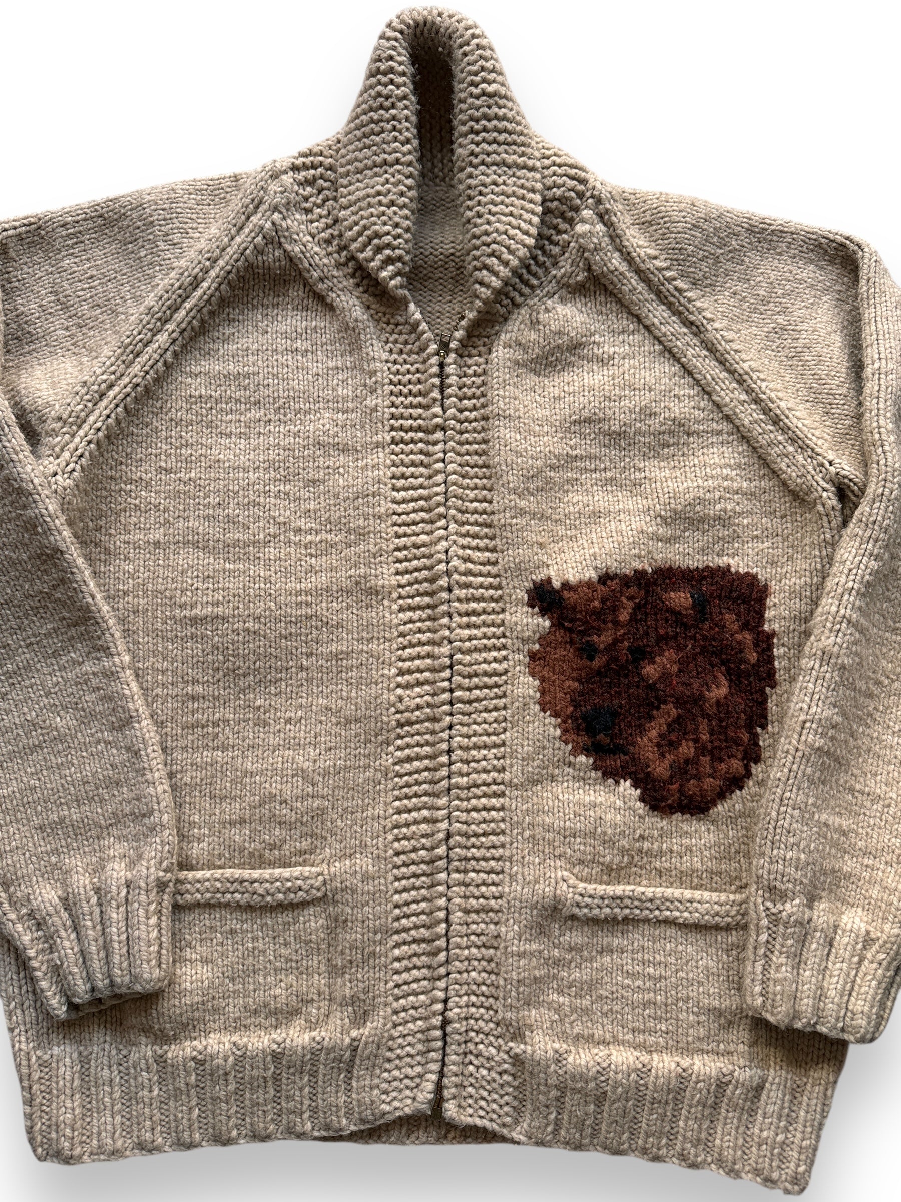 Front Detail of Vintage Bear Themed Cowichan Sweater SZ L