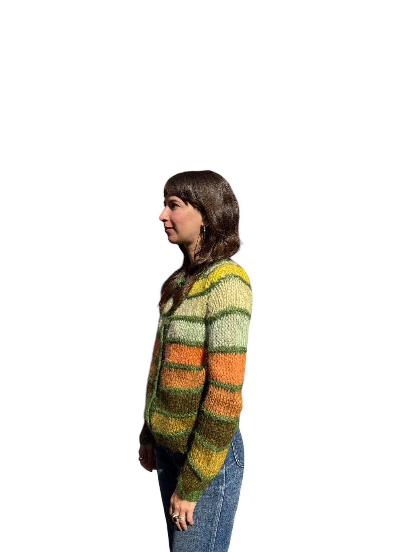 Side moel view of 1960s Green and Orange Striped Cardigan L