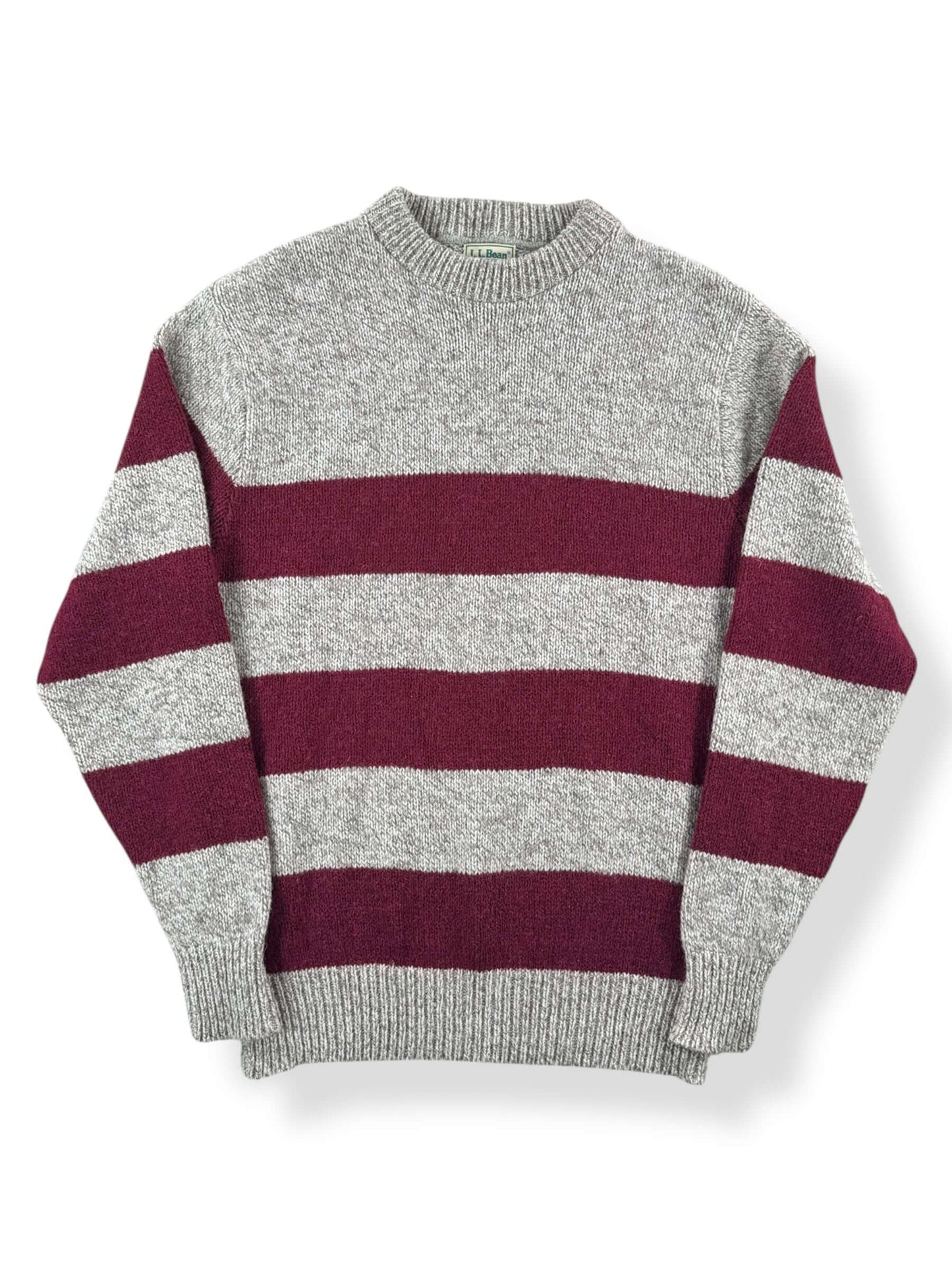 Front of Vintage L.L. Bean Ragg Wool Burgundy Striped Sweater SZ XL (Fits L)