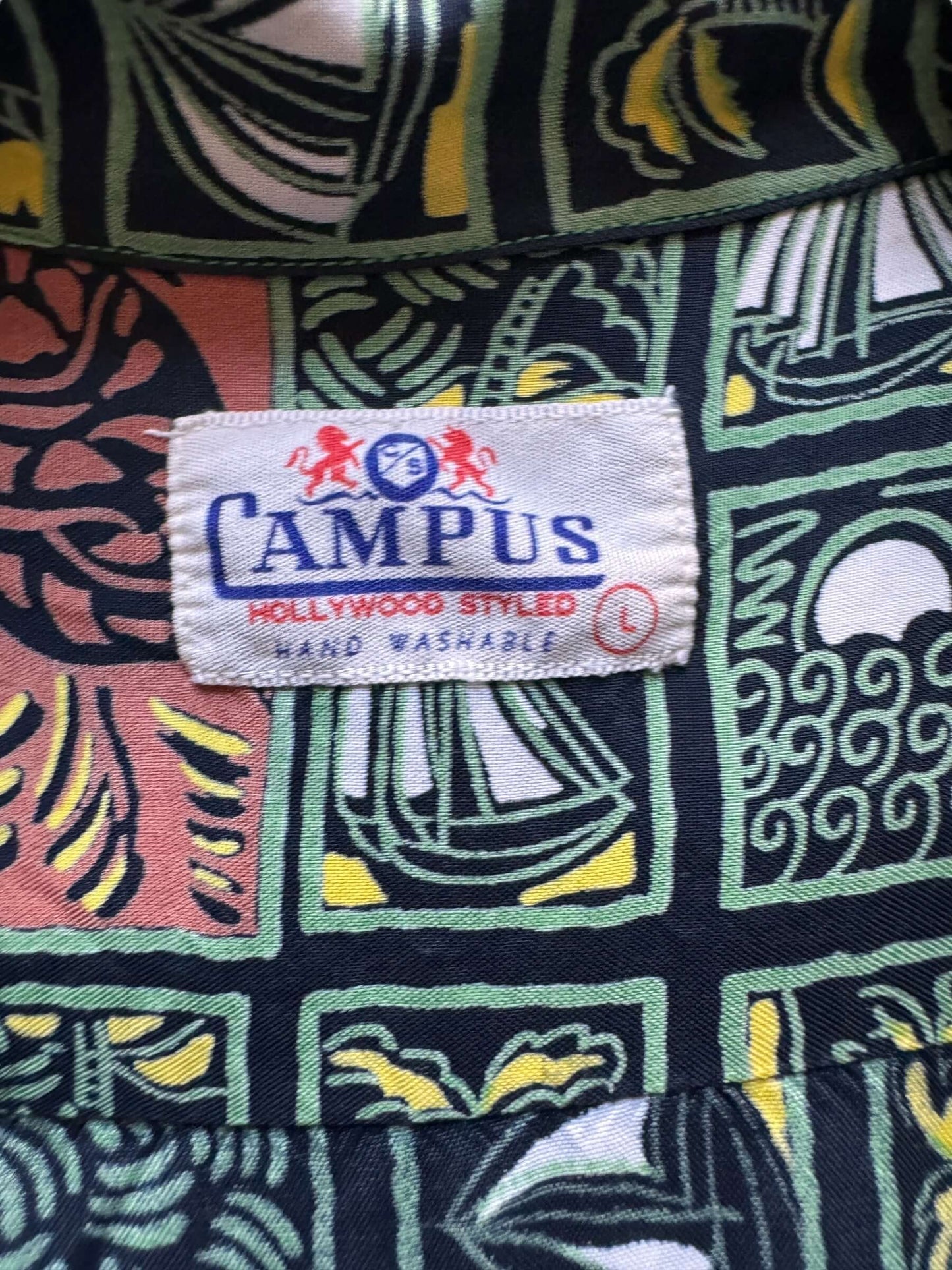 tag on Vintage Campus Rayon Aloha Shirt SZ L