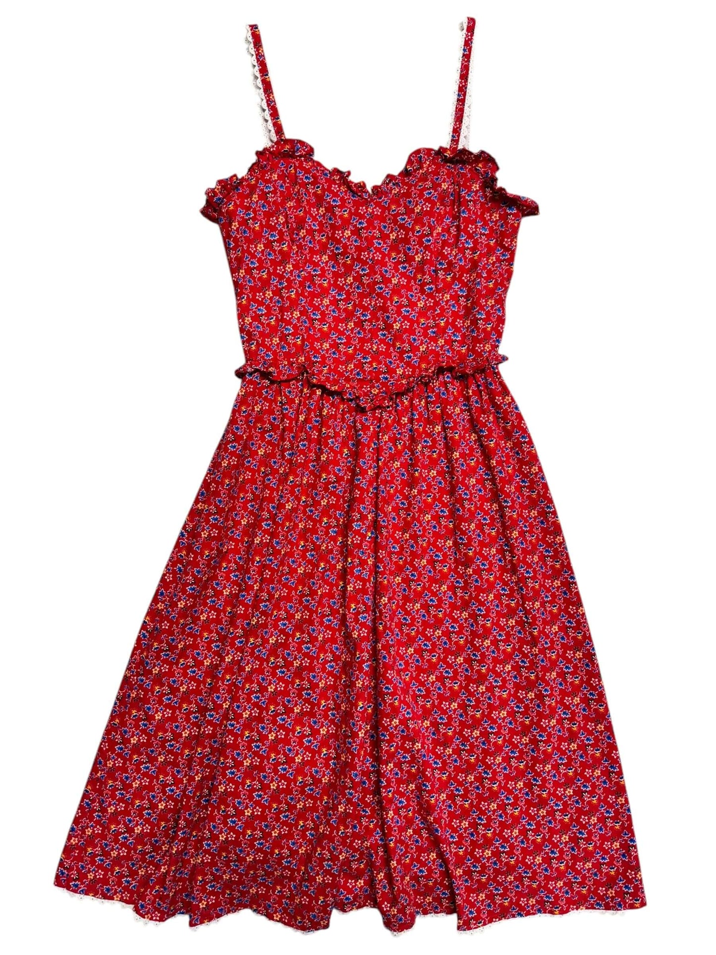 Front view of 1970s Red Prairie Style Dress S