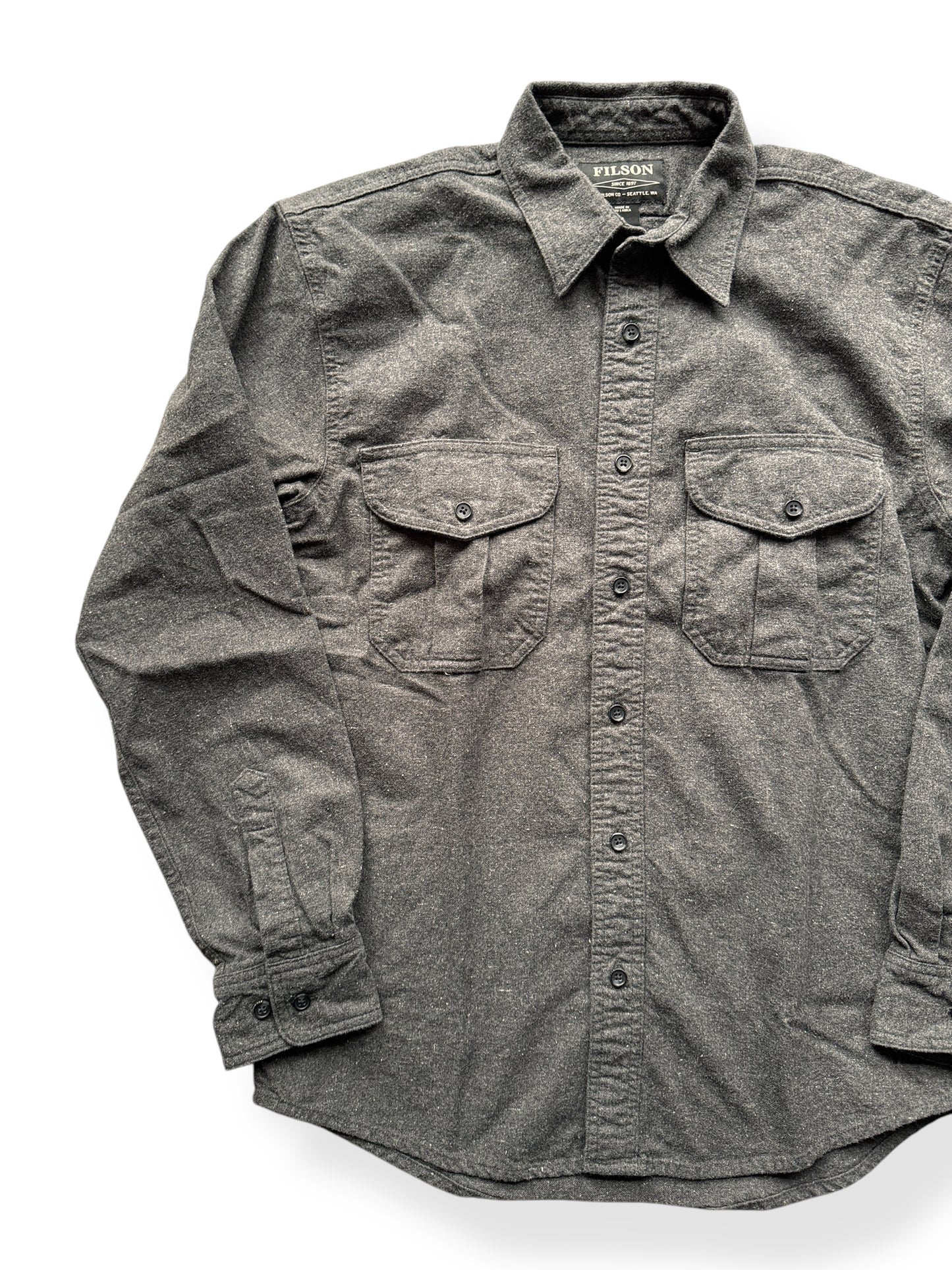 Front Right of Filson Dark Heather Grey Alaskan Guide Shirt SZ S