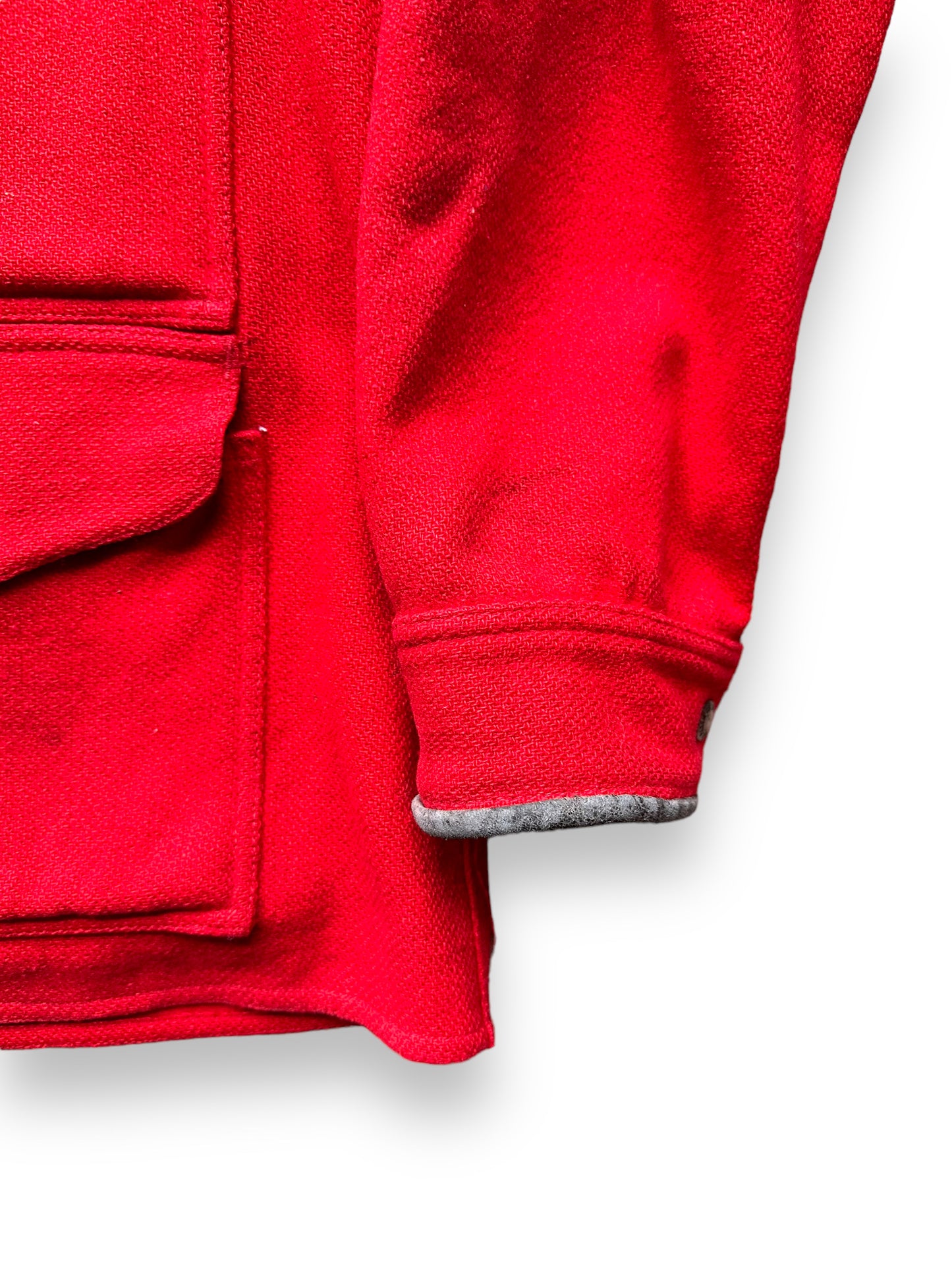 left sleeve of Vintage 60s Era Union Made Filson Scarlet Cruiser Size 44 |  Barn Owl Vintage Goods | Vintage Filson Workwear Seattle