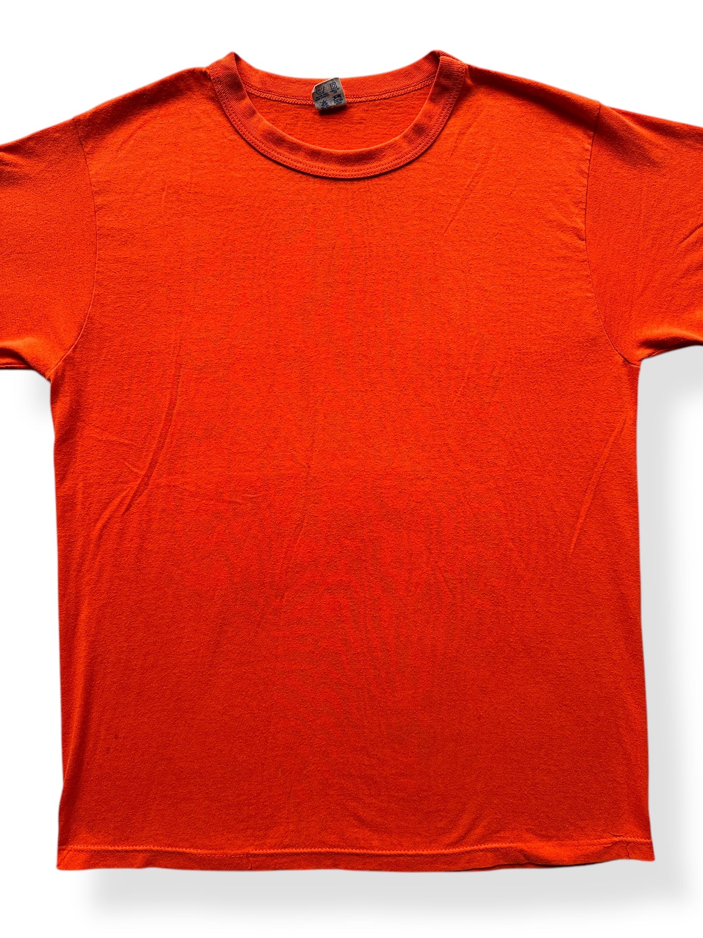 Front Close Up of Vintage Champion Blue Bar Orange Blank Tee SZ XL