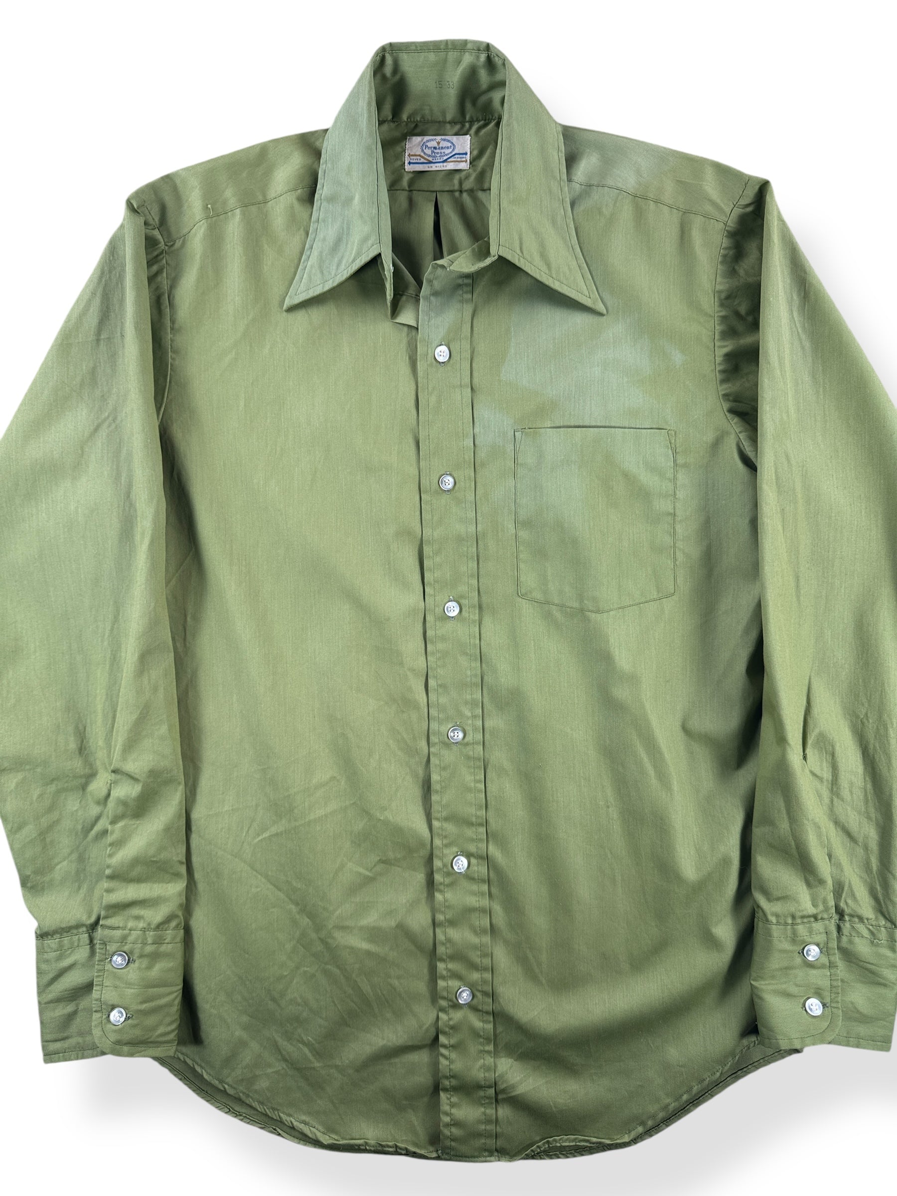 Front Close Up of Vintage Green Button Up Shirt SZ M