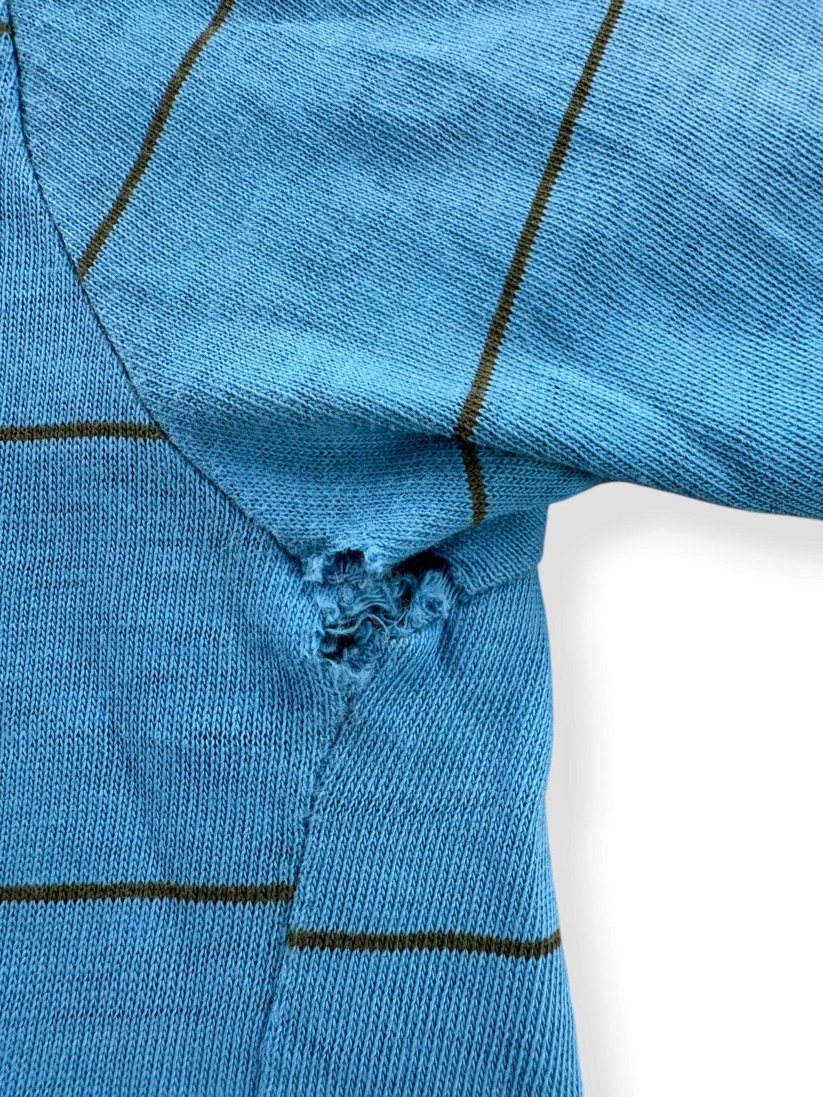 Hole in armpit of Vintage 60s/70s Turtle King Baby Blue Striped Pocket Tee SZ M