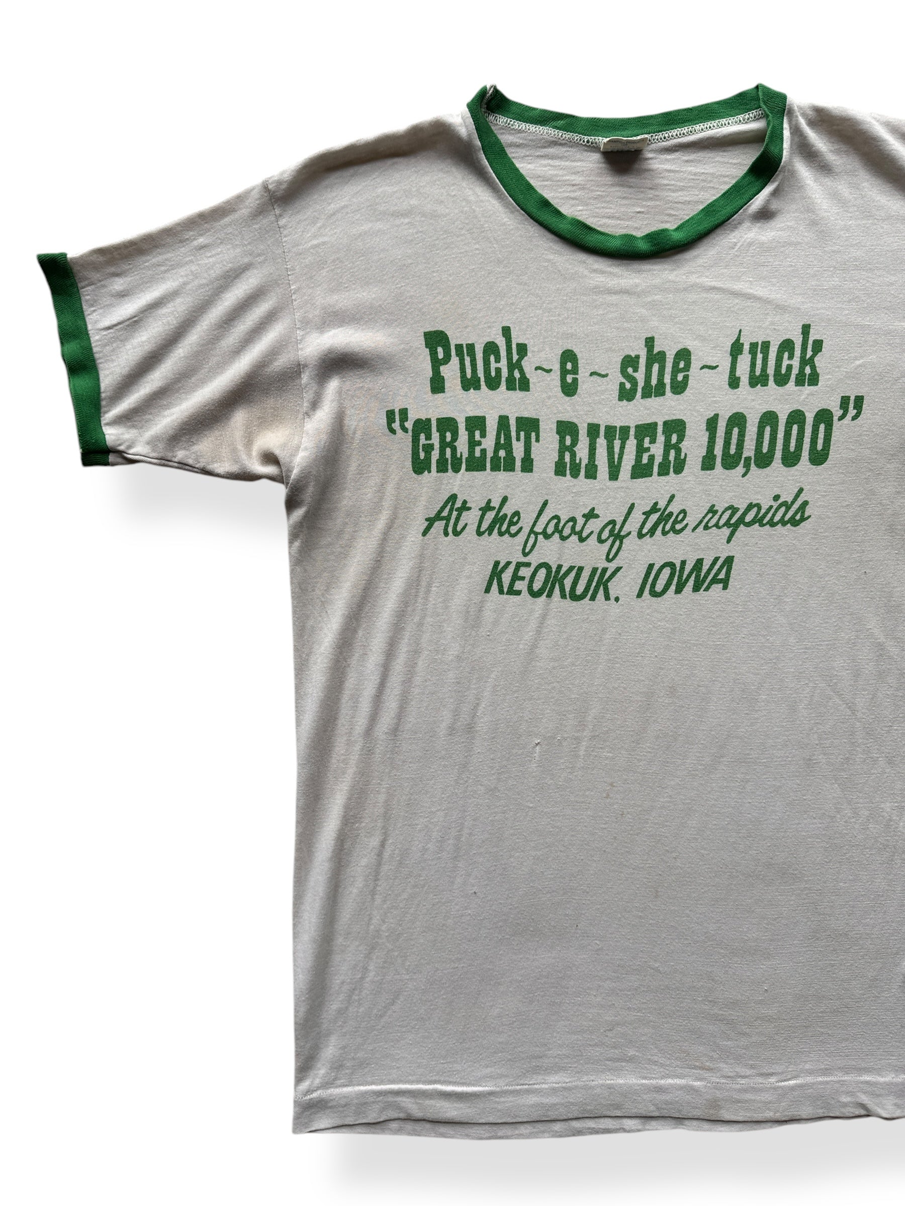 Front Right of Vintage Great River 10,000 Ringer Tee SZ L