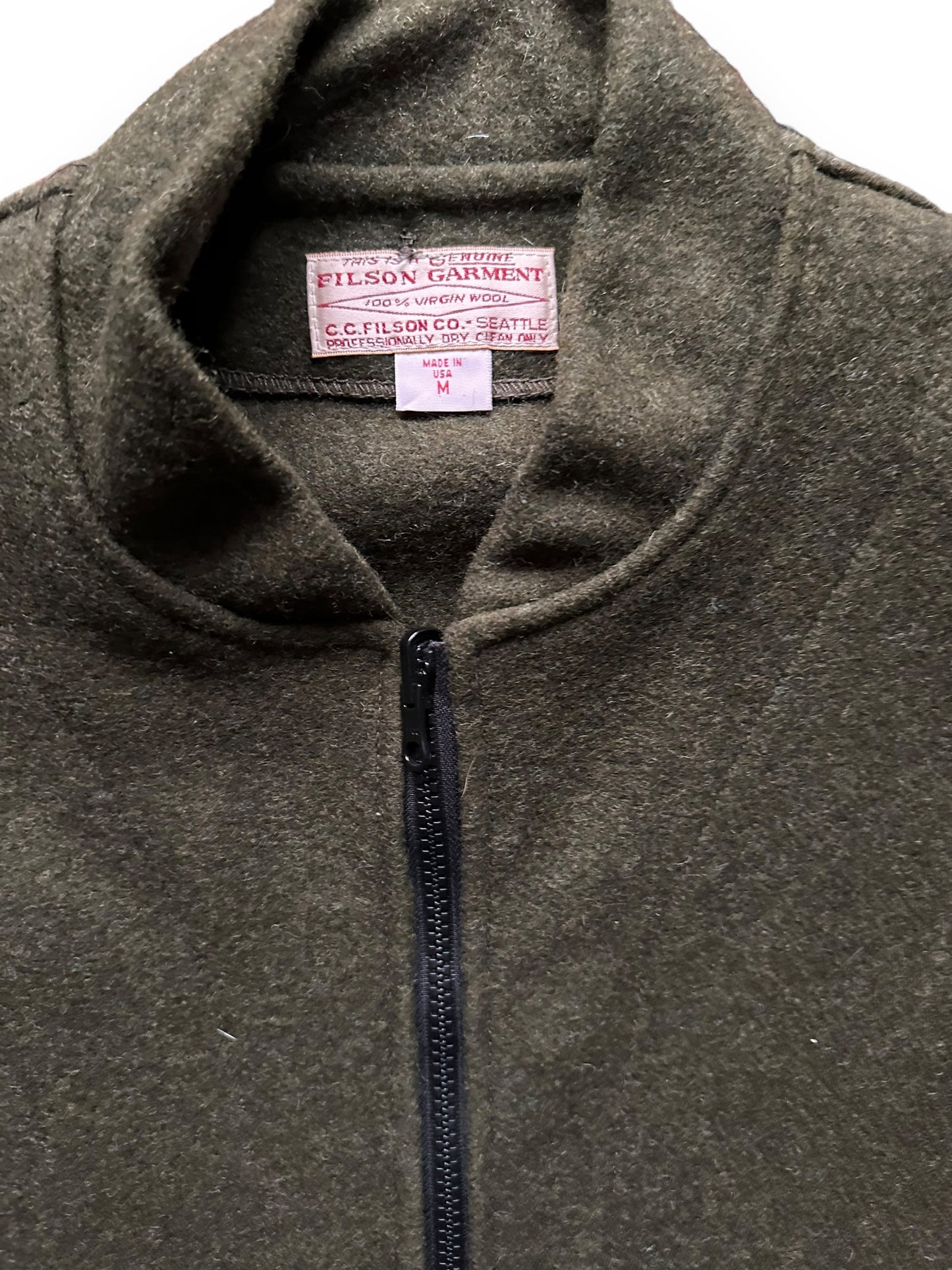 Tag View of New Old Stock Filson Forest Green Mackinaw Wool Liner SZ M |  Barn Owl Vintage Goods | Vintage Filson Workwear Seattle