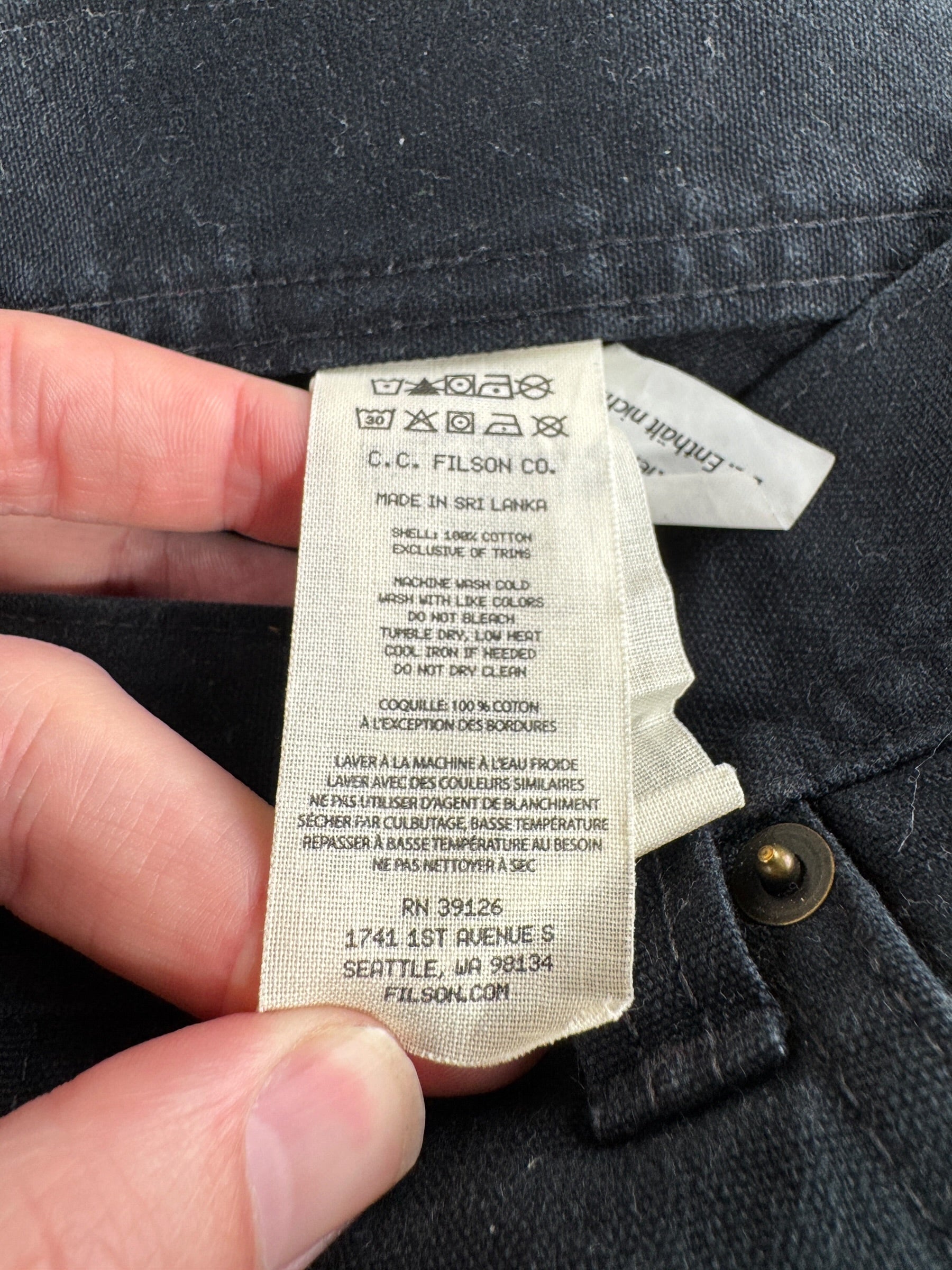 Label on Filson Blue Mussel Dry Tin 5 Pocket Trousers W36 (Fits W38)