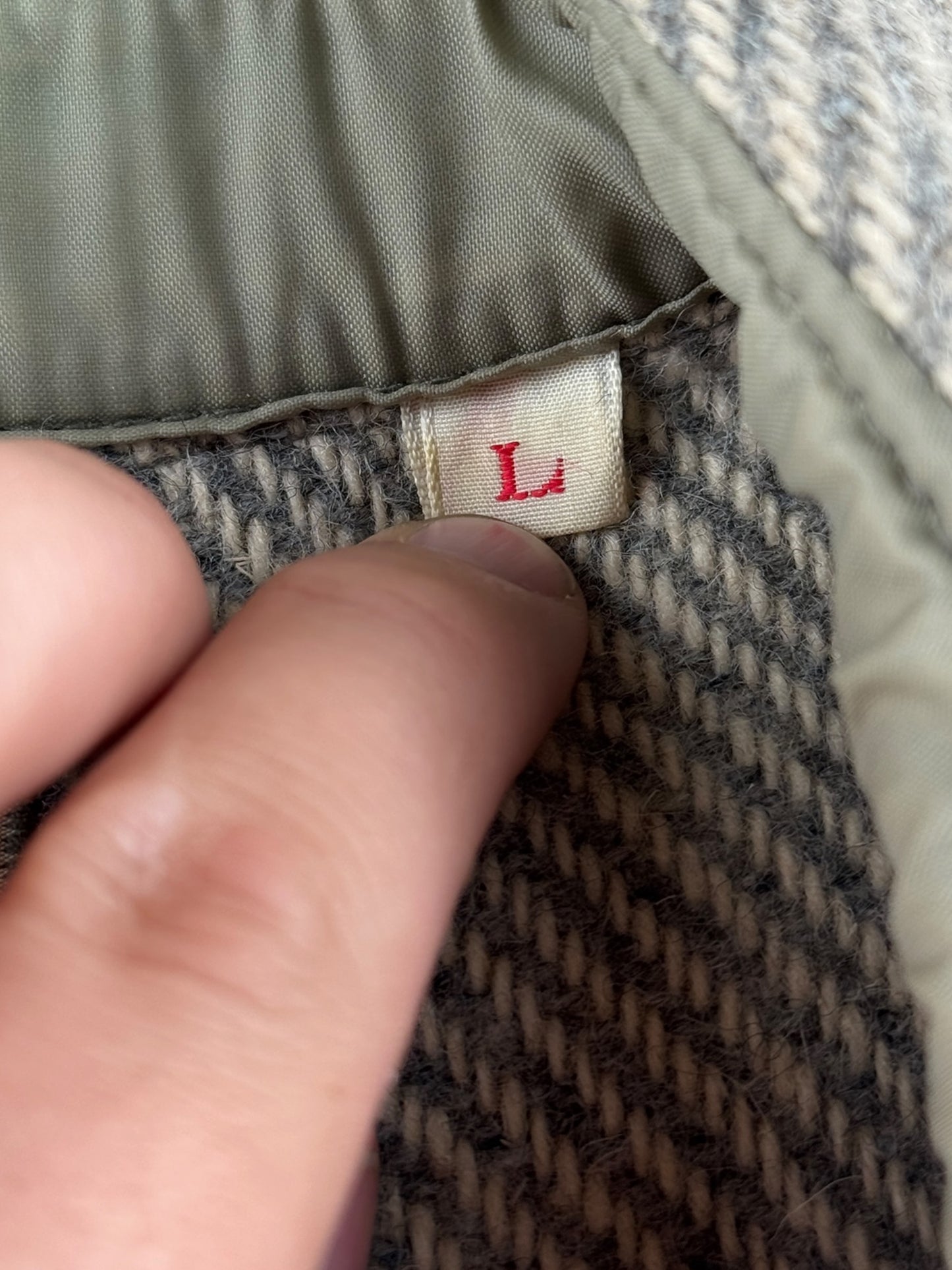 Size tag on Vintage L.L. Bean Northwoods Herringbone Wool Jacket SZ L
