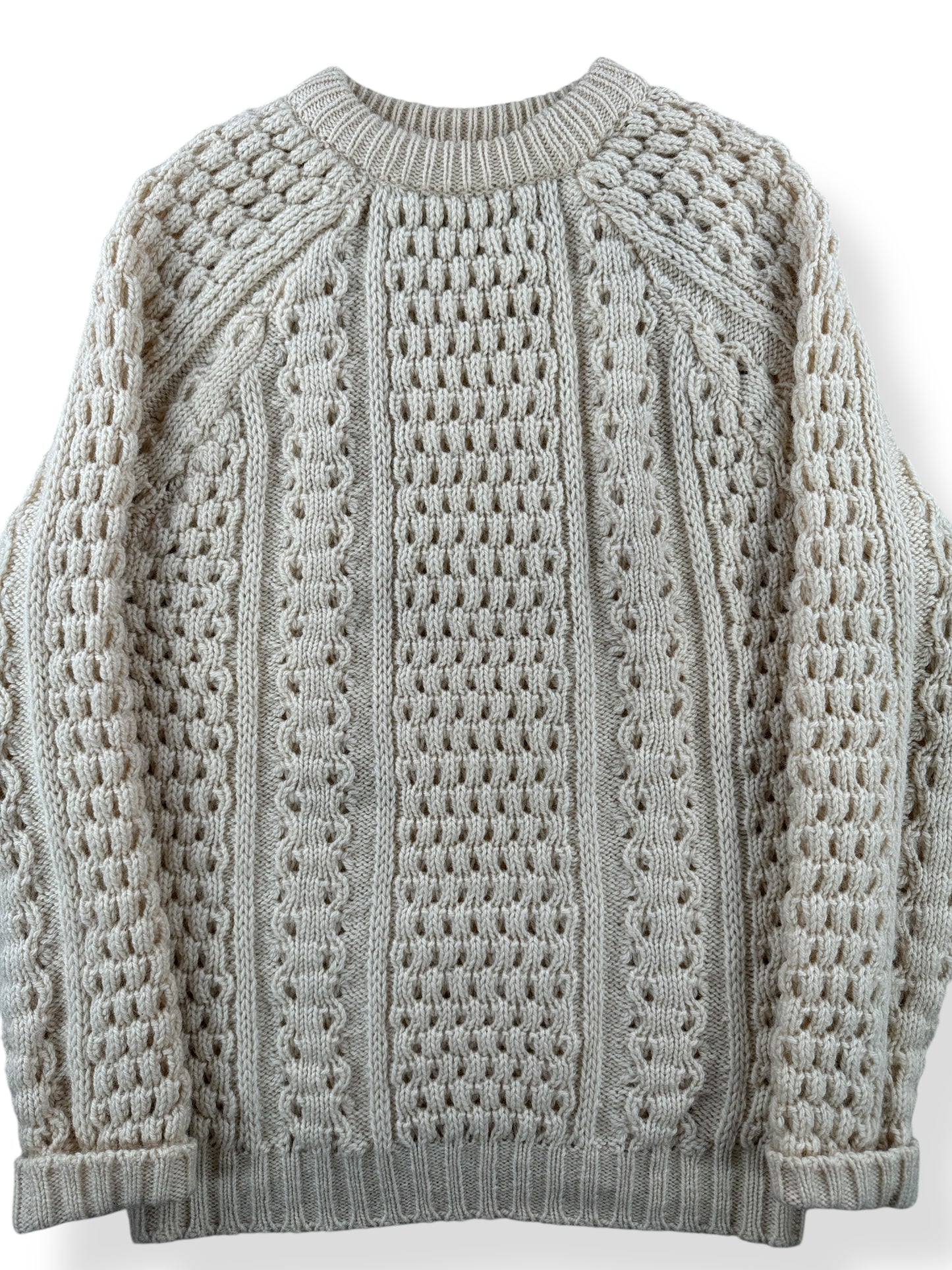 Front Close Up of Vintage Handknit Wool Cable Knit Sweater SZ L