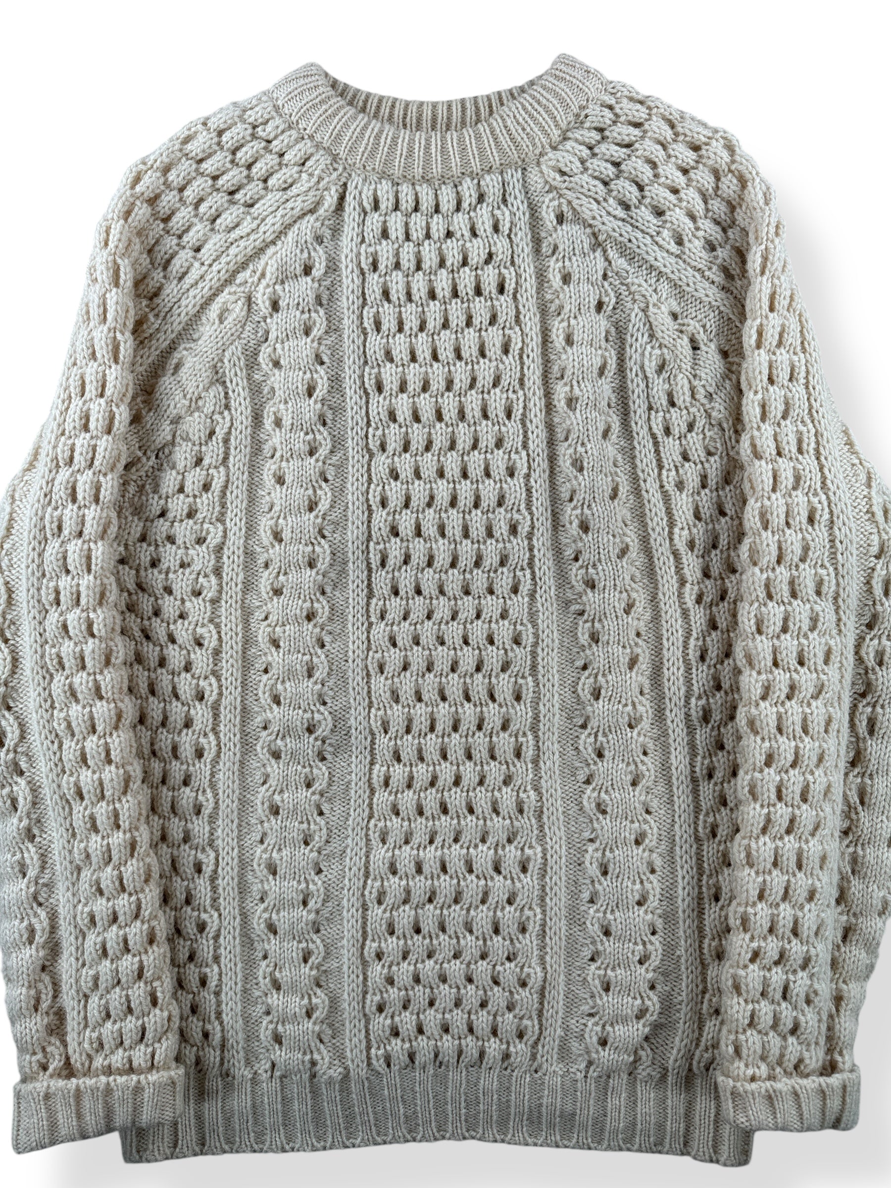 Front Close Up of Vintage Handknit Wool Cable Knit Sweater SZ L