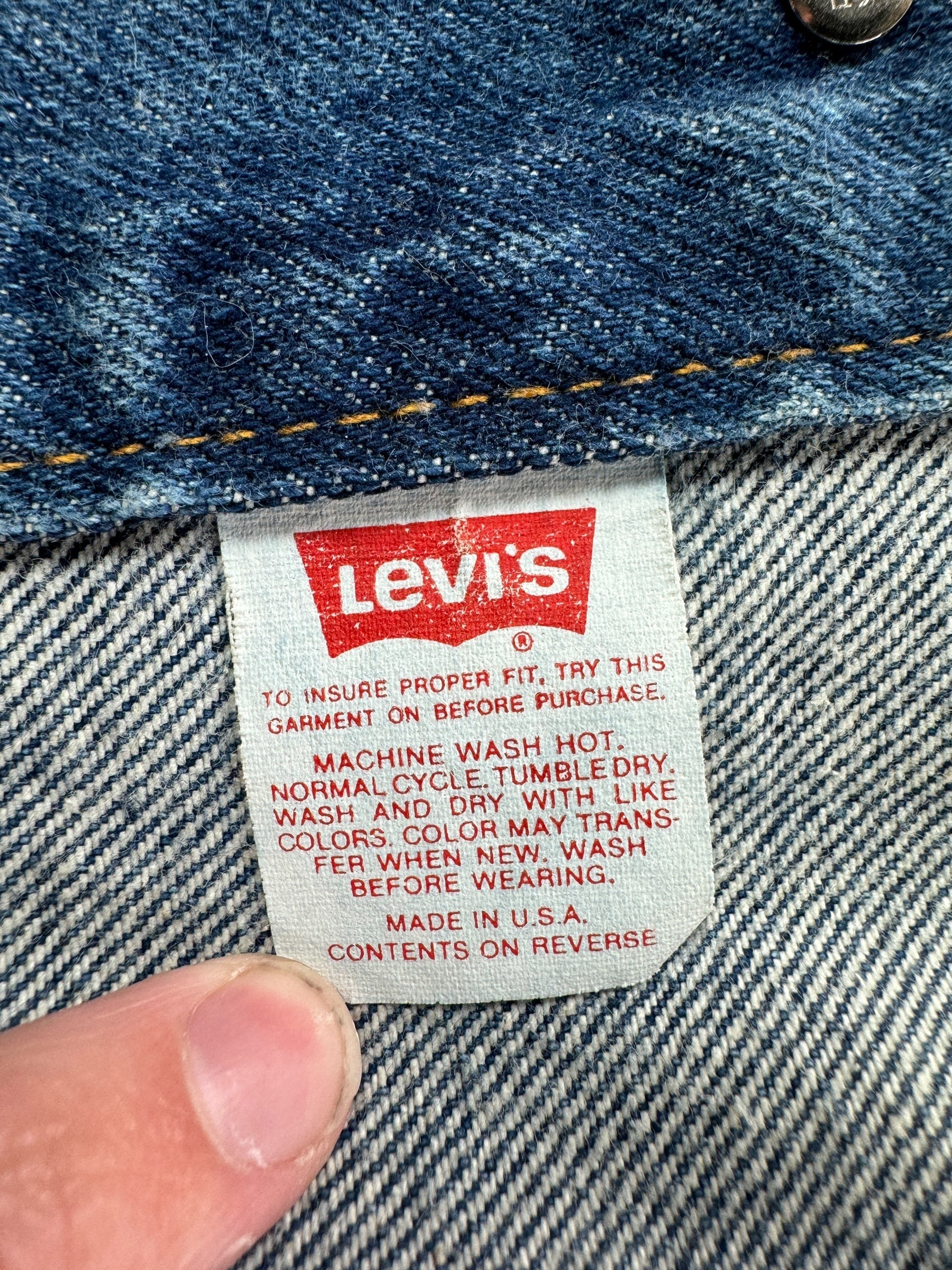Care Tag on Vintage Made in USA Levis Type 3 71506-0216 SZ 46L