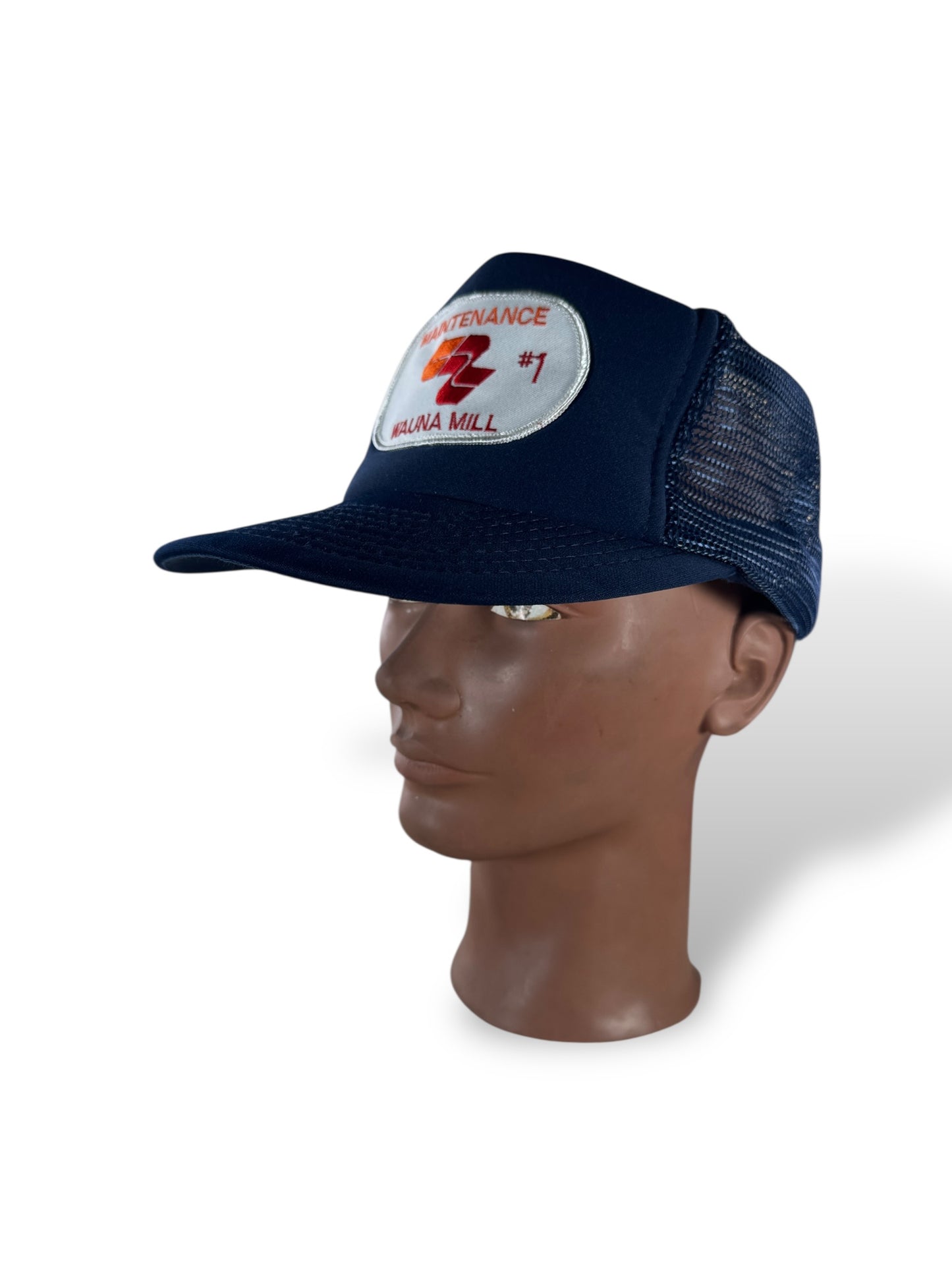 3/4 Shot of Vintage Maintenance Wauna Mill Trucker Hat SZ OSFA