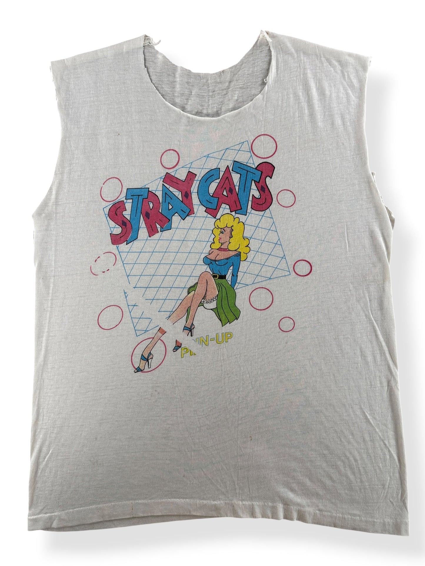 Close-up of Vintage Stray Cats Pinup Cut Off Tee SZ L