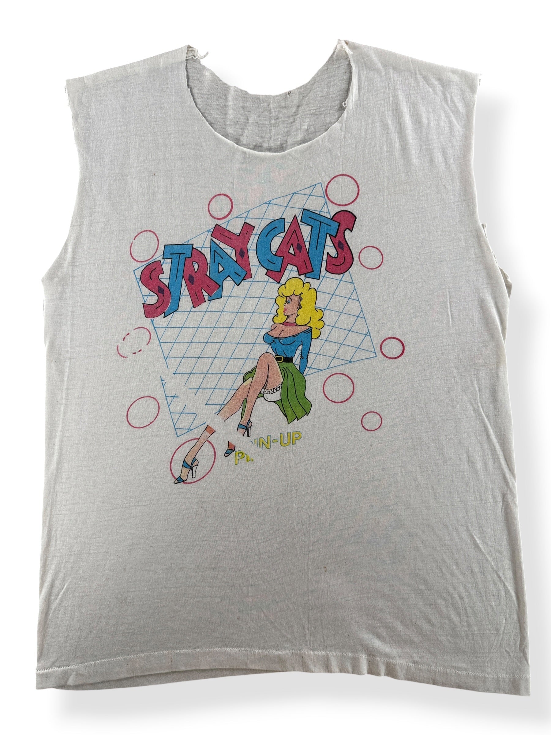 Close-up of Vintage Stray Cats Pinup Cut Off Tee SZ L