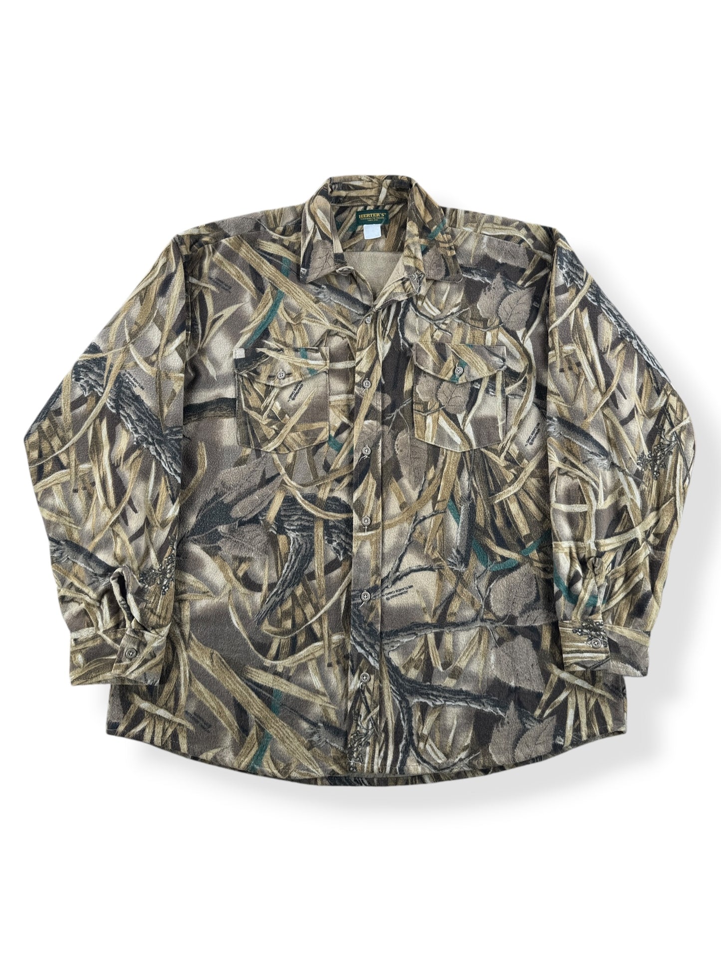 Front of Vintage Herter's Wetlands Camo Chamois Cloth Shirt SZ XXL