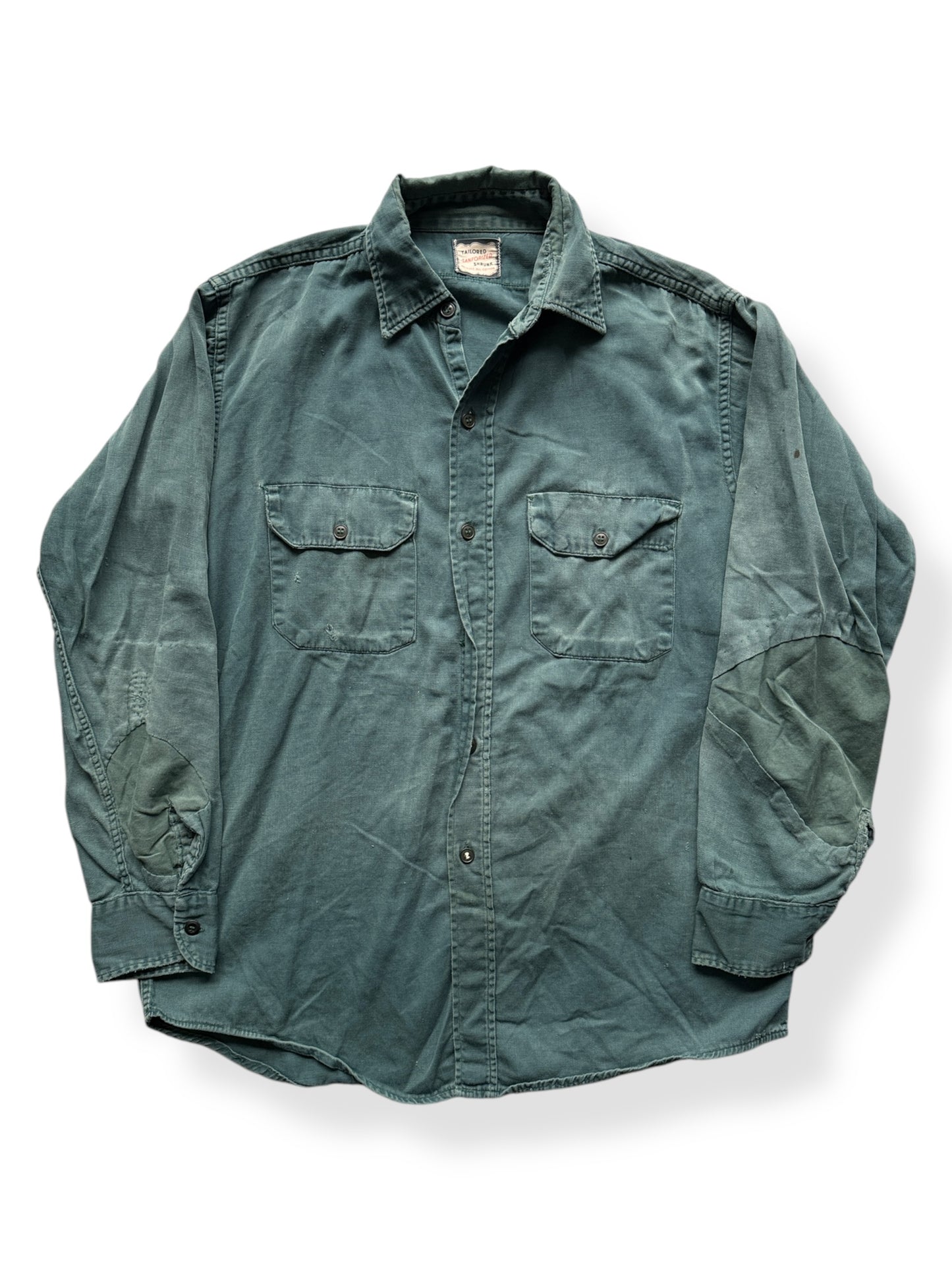 Front of Vintage Thrashed & Repaired Sanforized Green Work Shirt SZ L