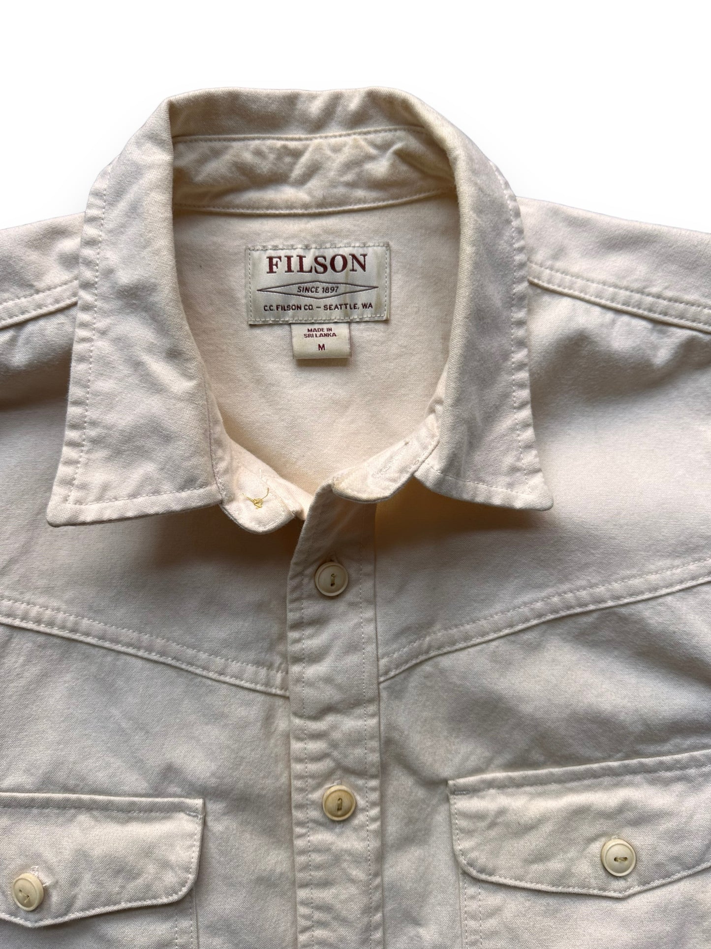 Tag View of Filson Yukon Chamois Shirt SZ M |  Barn Owl Vintage Goods | Vintage Filson Workwear Seattle