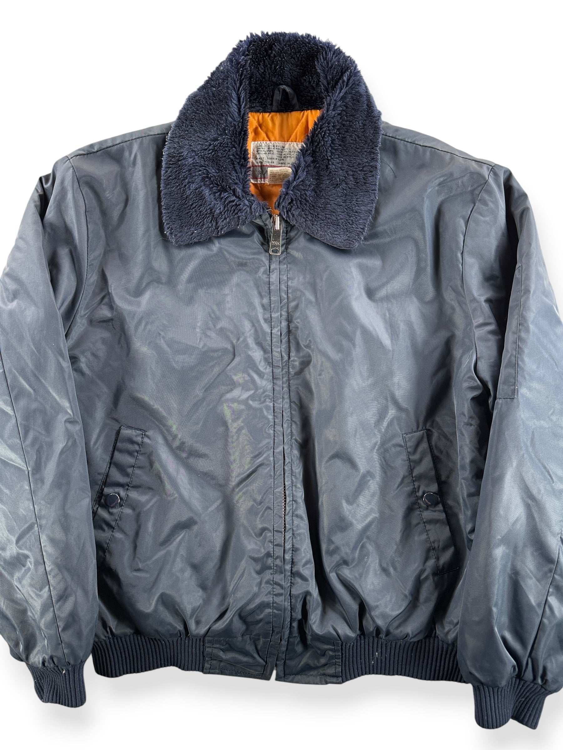 Front Close Up of Vintage Sears Navy Blue Bomber Jacket L