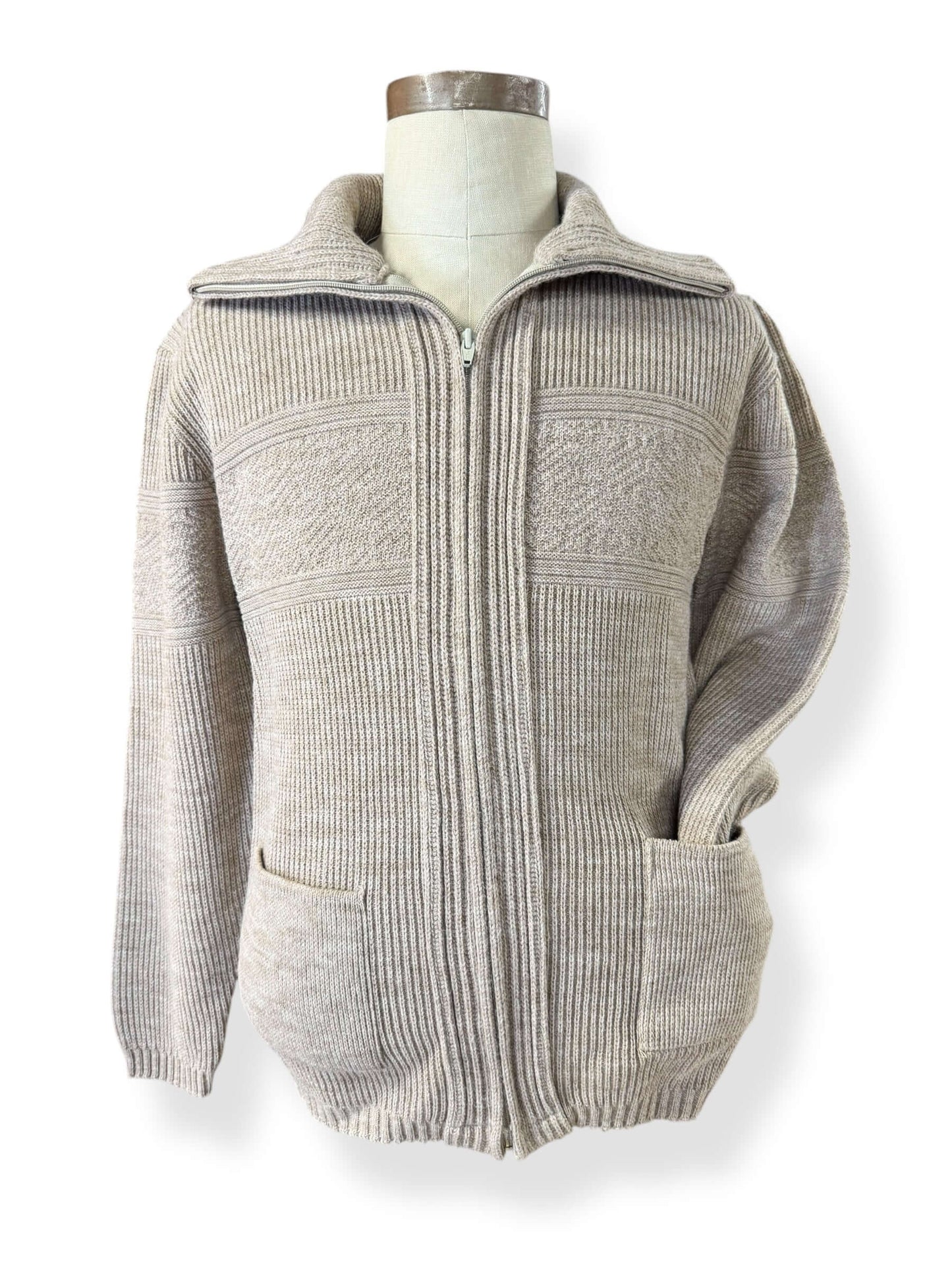 Front view of 1970s Clipper Mist Zip Up Grandpa Sweater M