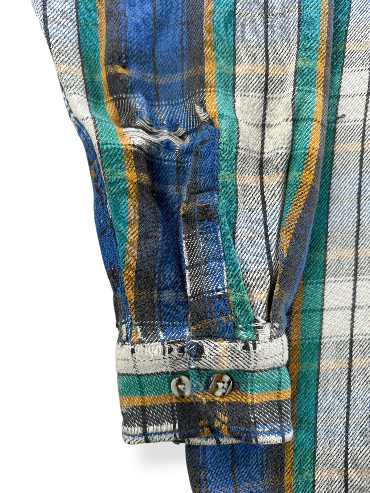 Ware on sleeve of Vintage 80s Thrashed Cotton Flannel SZ XL