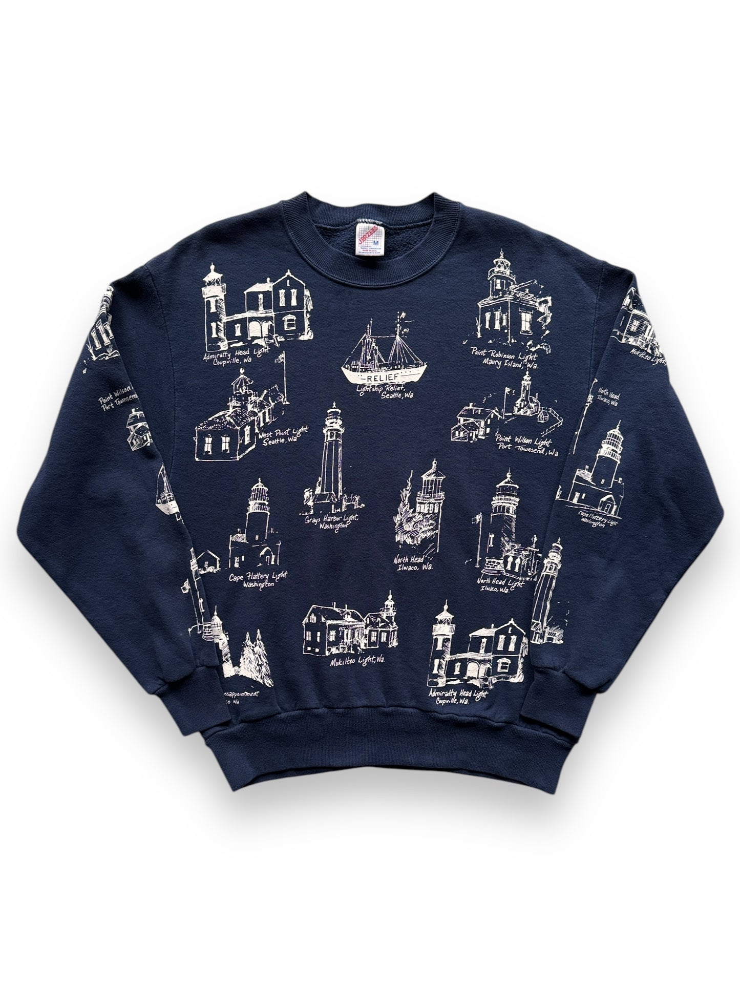 front of Vintage Washington Lighthouses AOP Crewneck SZ M