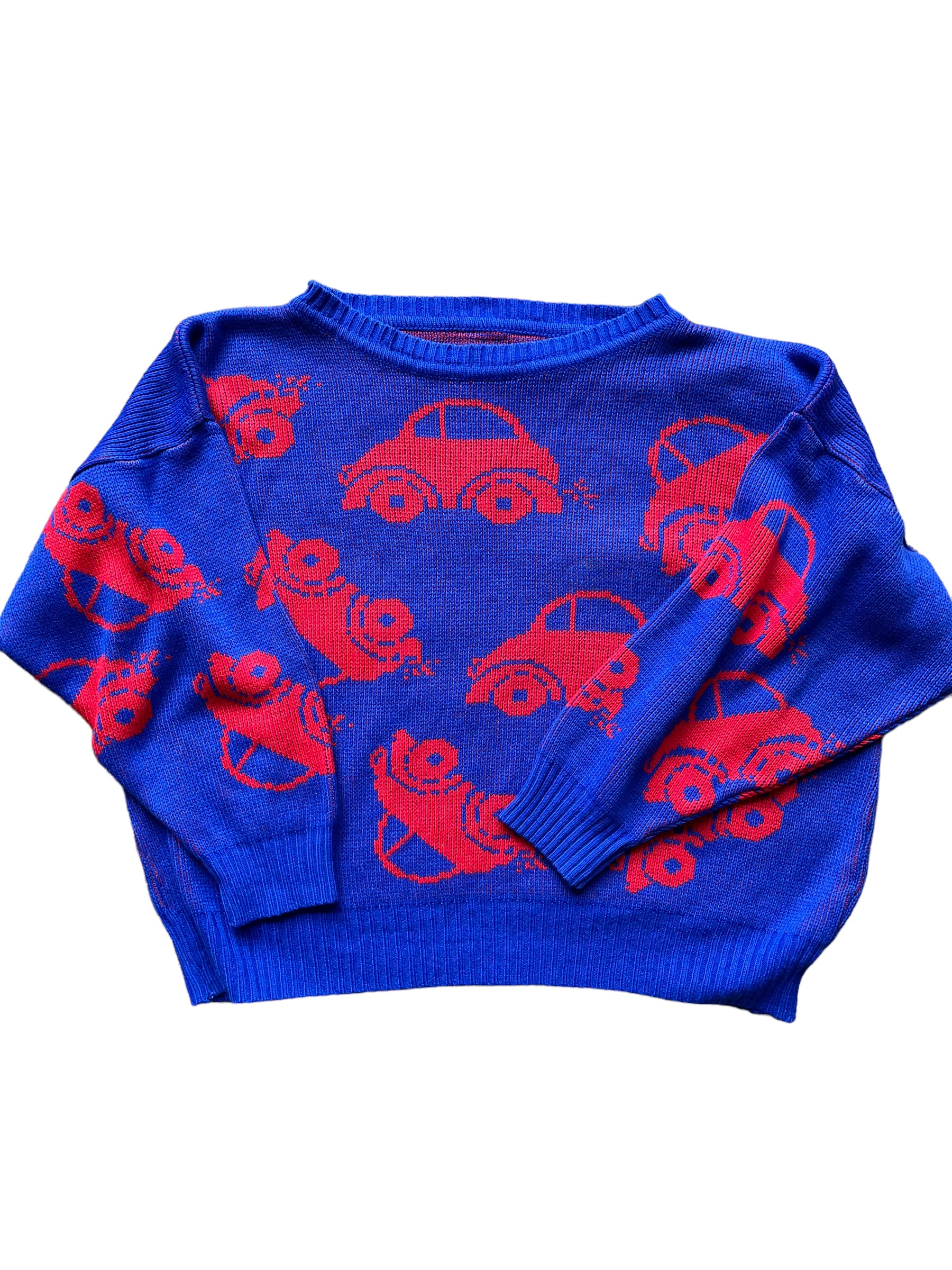 Full front view of Vintage 1970s Volks Wagen Bug Sweater SZ XL | Barn Owl Sweaters | Seattle Vintage