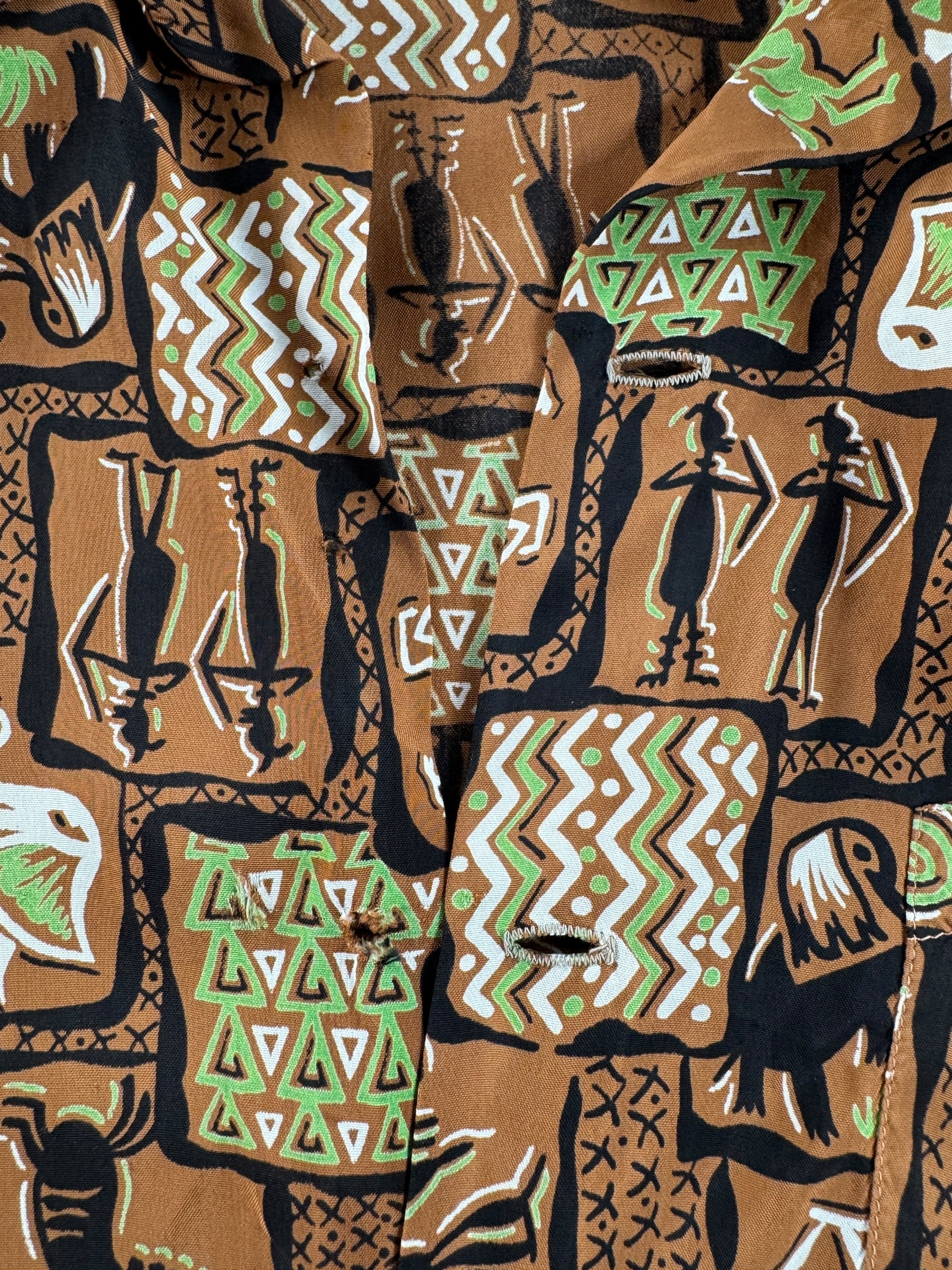 Missing Button on Vintage Brown Rayon Patterned Aloha Shirt SZ S - AS IS