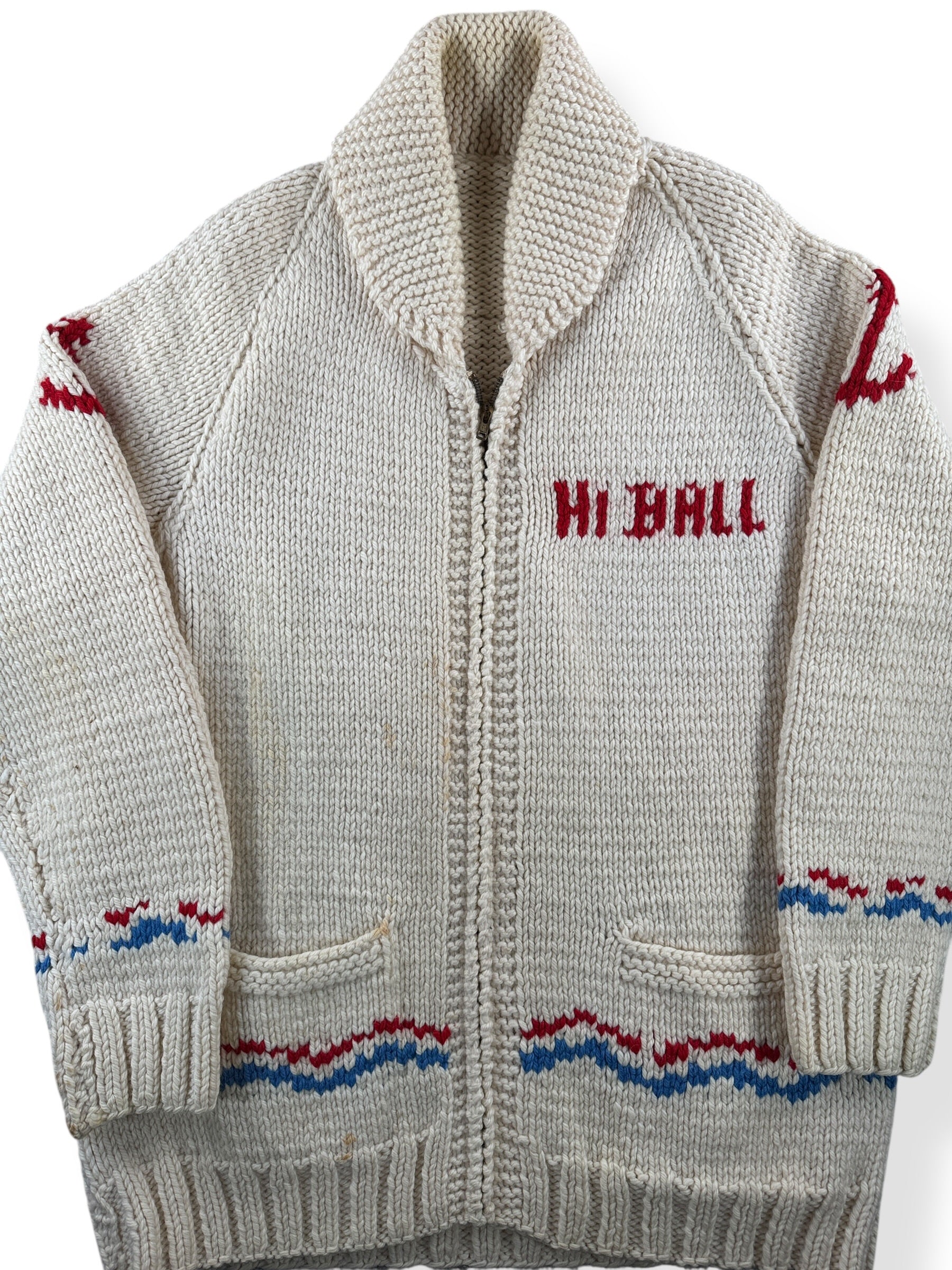 Front Close Up of Vintage Hi-Ball Power Boat Cowichan Style Sweater SZ L