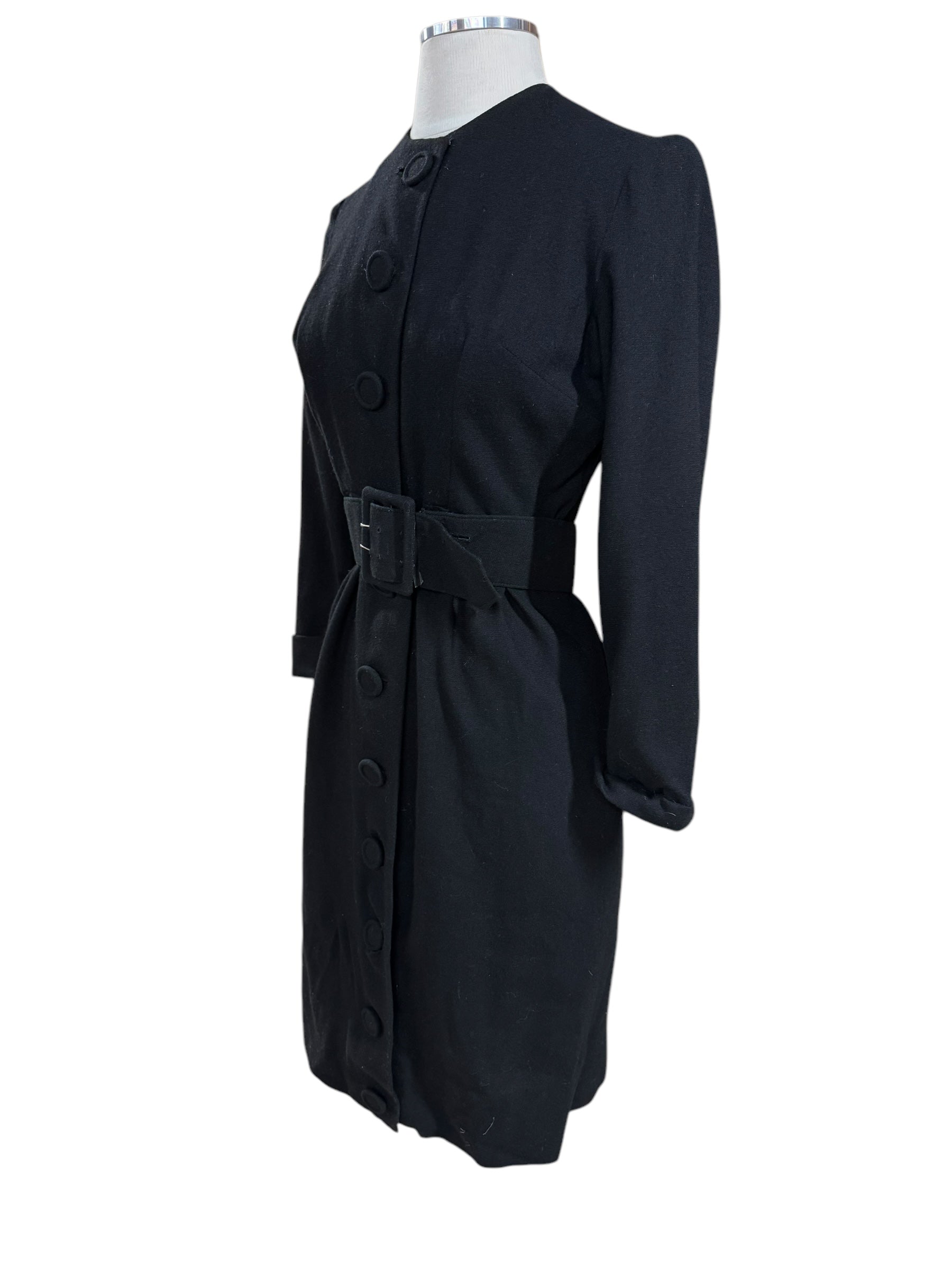 Side view of 1960s Black Wool Button Up Dress S