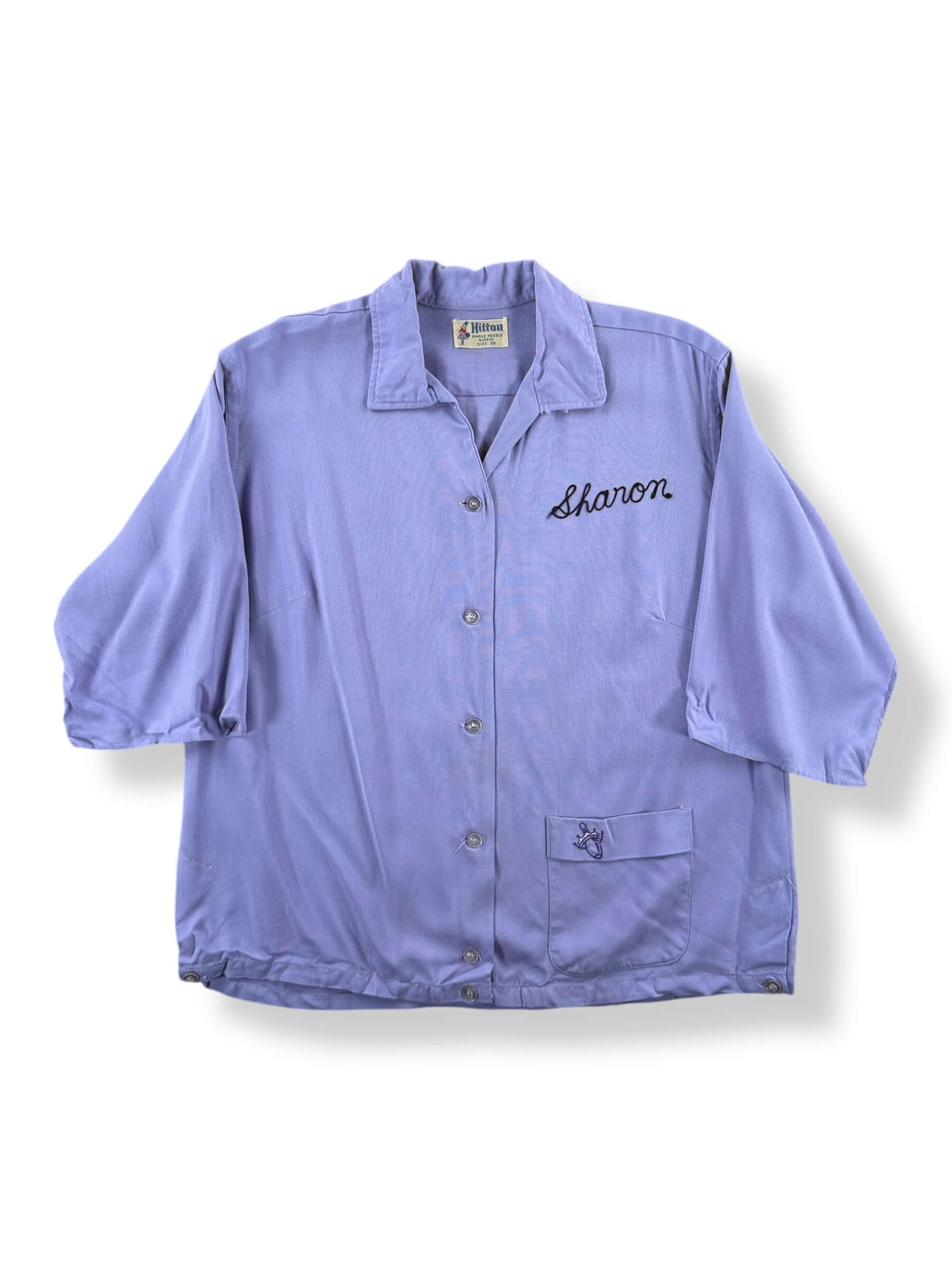 Front of Vintage Lilac Ladies Flocked Bowling Shirt SZ 38