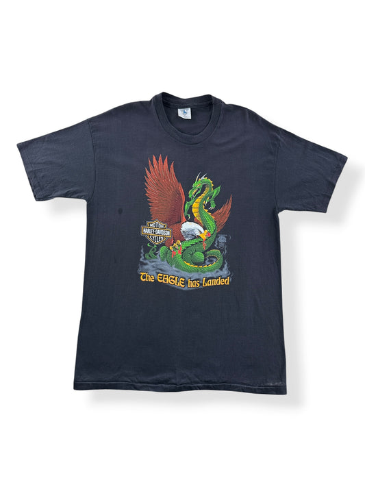 Front of Vintage Holoubek Palm Beach Harley Davidson Eagle Has Landed Tee SZ L