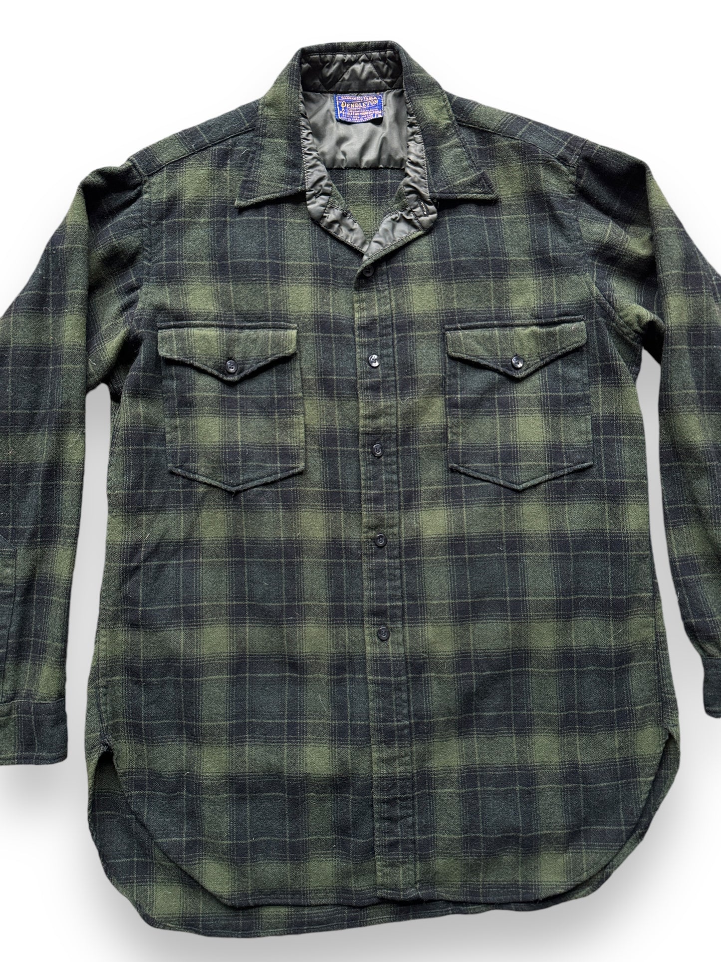 front close up of Vintage Pendleton Black/Green Wool Flannel SZ M