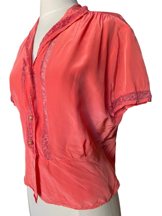 Front left sied view of Vintage 1940s Satin Coral Blouse | Seattle True Vintage | Barn Owl Ladies Vintage