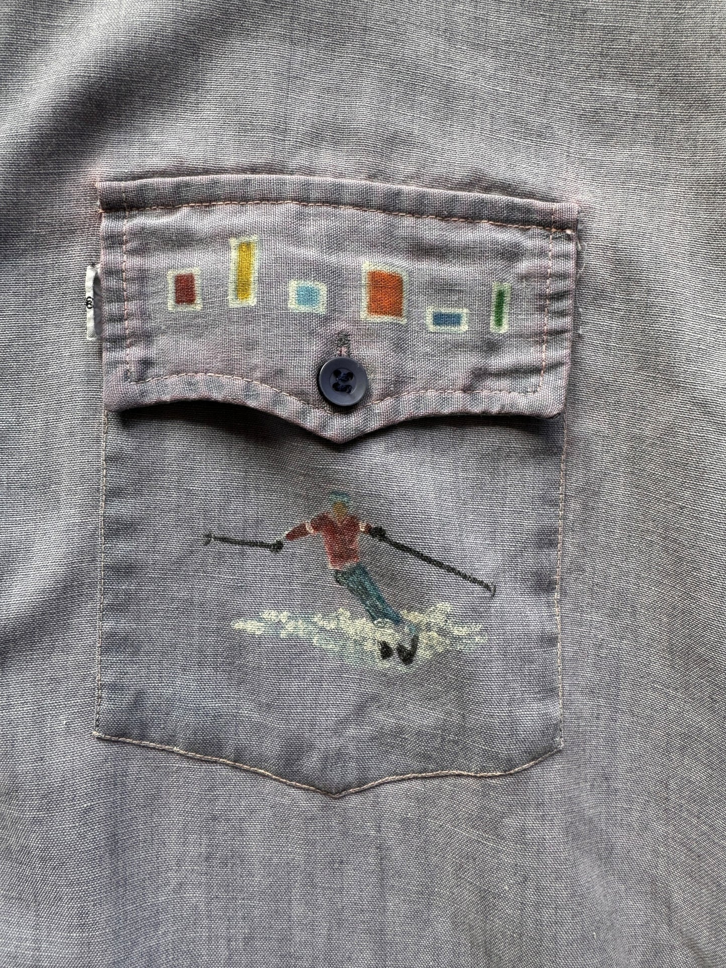 skier design on Vintage Handpainted Alaskan Chambray Shirt SZ L