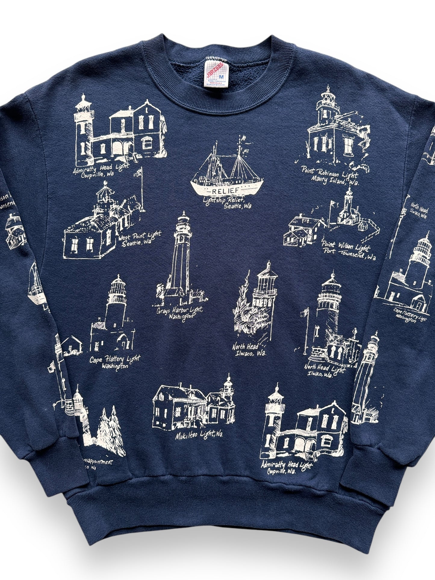 front close up of Vintage Washington Lighthouses AOP Crewneck SZ M