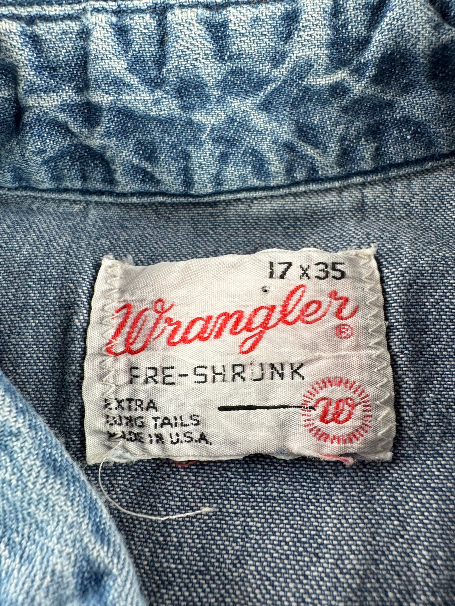 Tag on Vintage Wrangler Denim Pearlsnap SZ 17x35 (Fits XL)