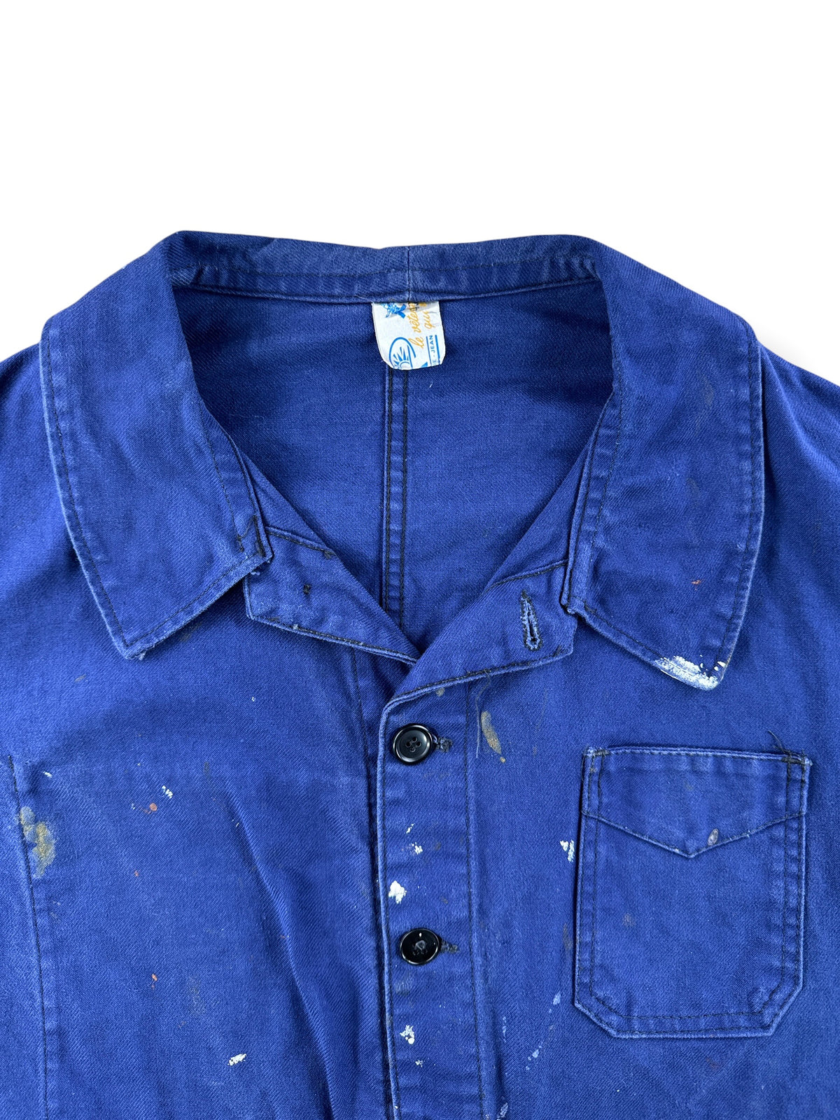 Collar on Vintage Paint Splattered French Chore Coat SZ M